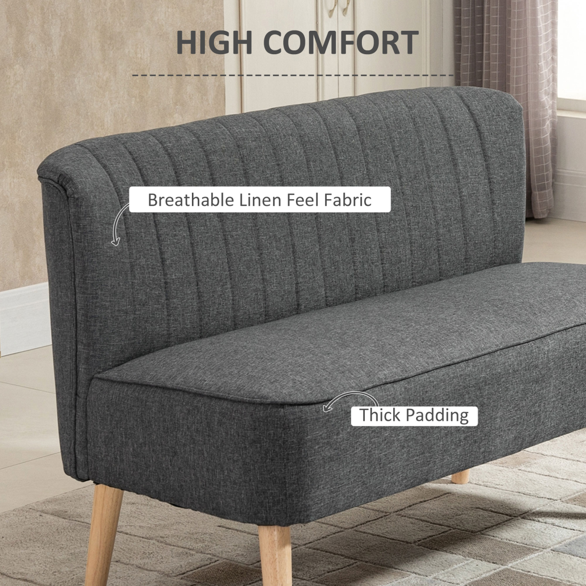 Modern Grey Linen Loveseat - Padded, Wood-Legged Comfort