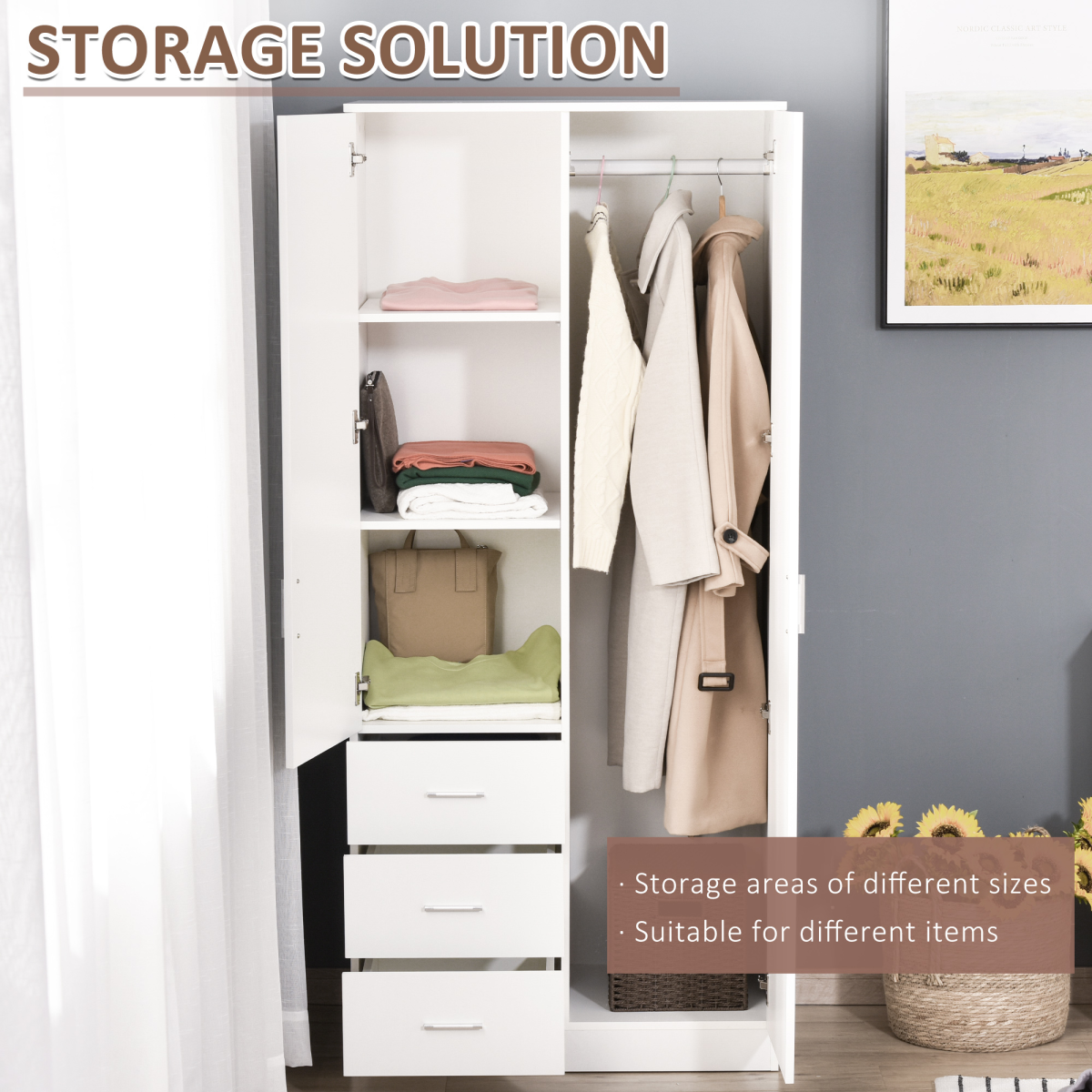 Elegant 2-Door White Wardrobe with Mirror, Adjustable Shelves & 3 Drawers