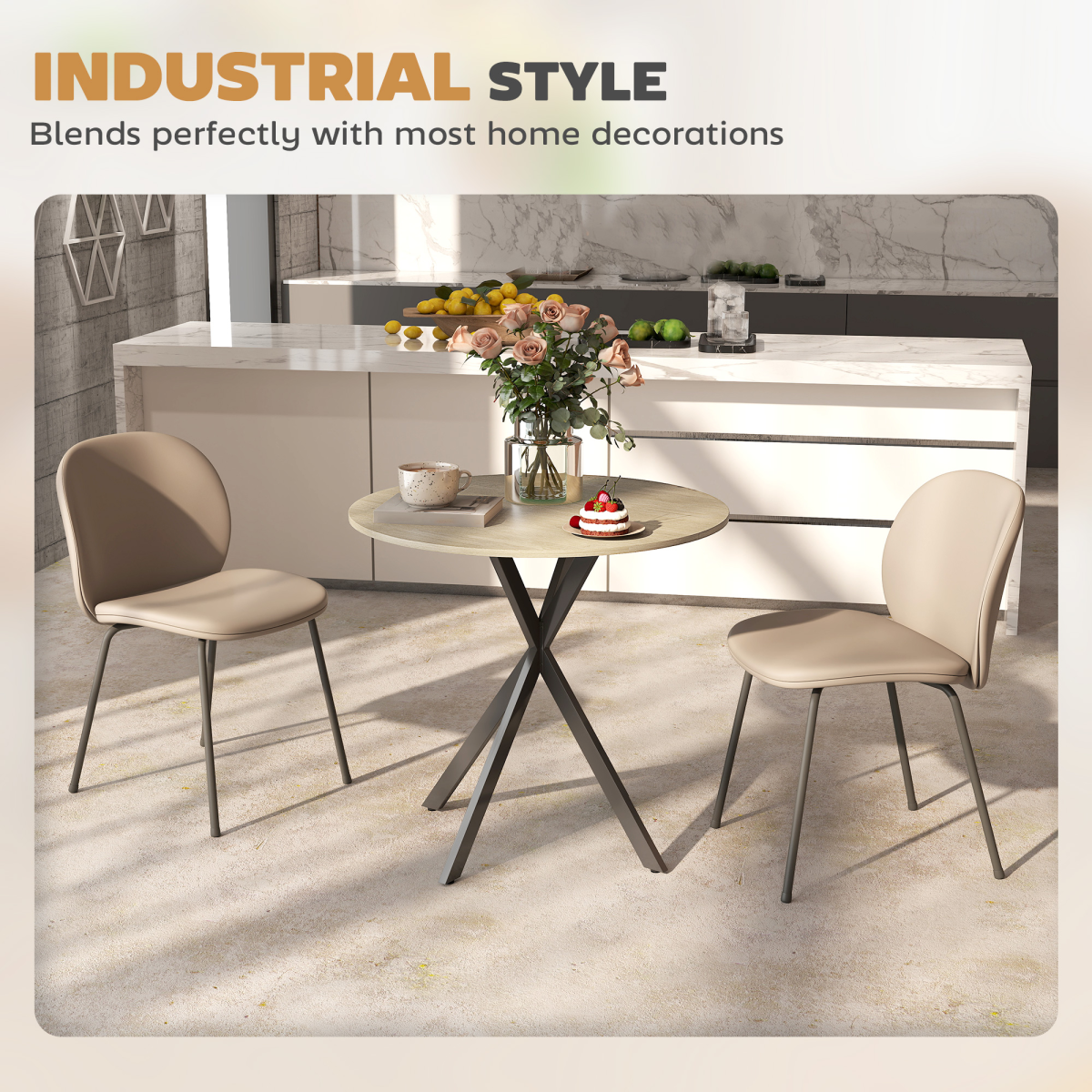 Compact Industrial Round Dining Table - Chic Oak & Steel Design