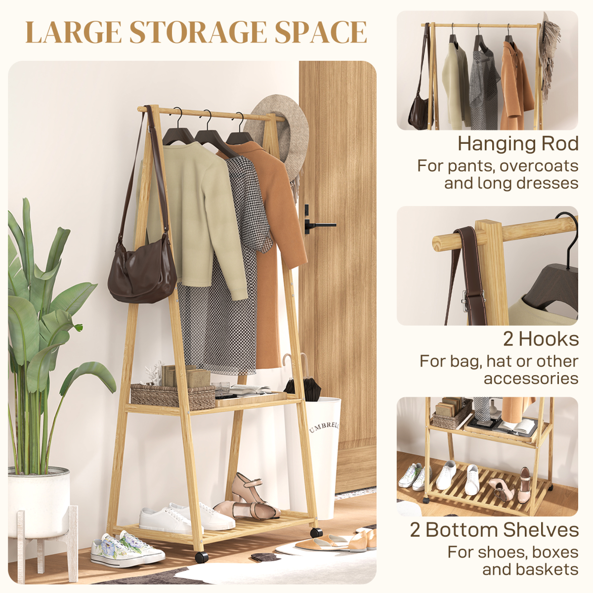 Stylish Bamboo Clothes Rack with Storage Shelves & Hooks - Natural Design