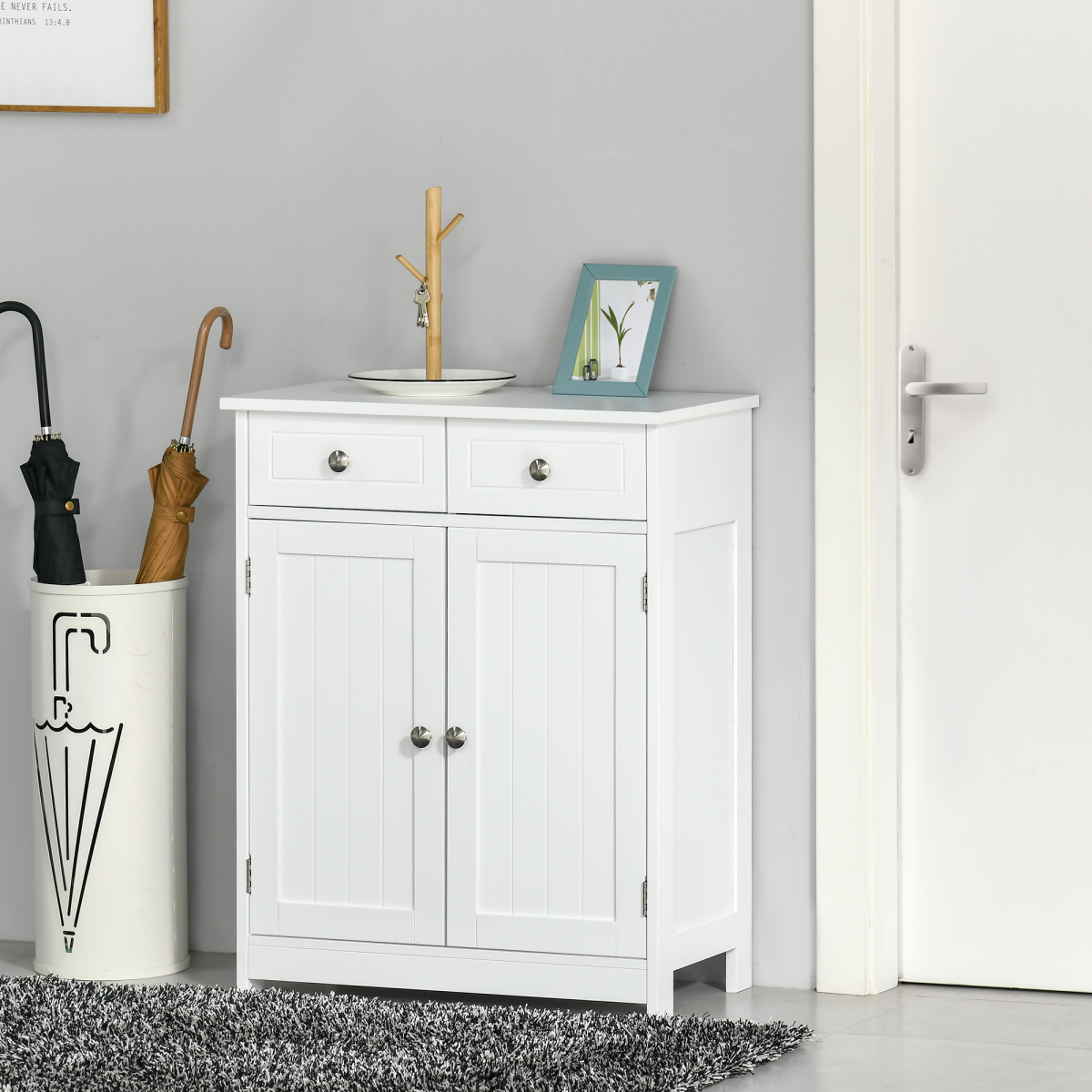 Elegant White Bathroom Storage Cabinet with Drawers & Cupboard - Sleek & Durable