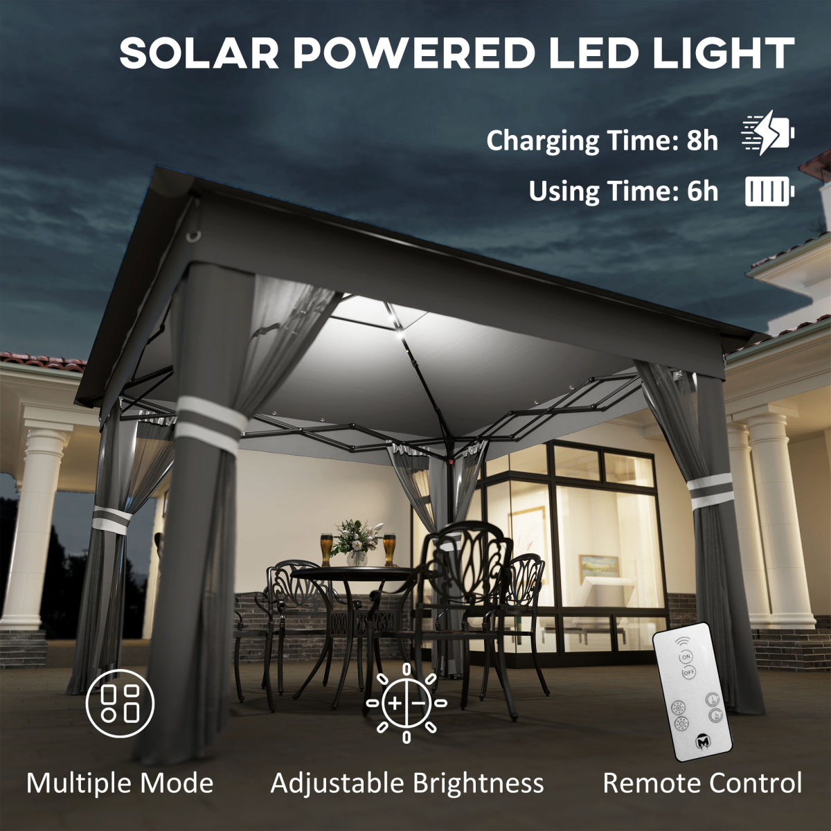 3x3m Pop-Up Gazebo with Solar LED Lights and Curtain Netting - Grey