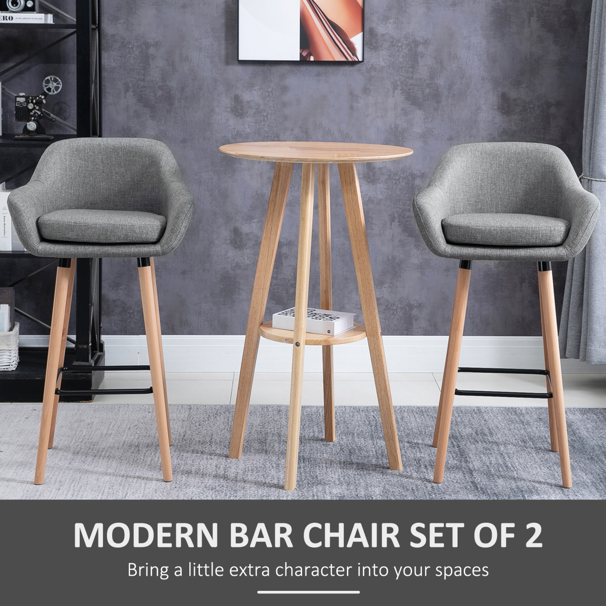Modern Grey Upholstered Bucket Seat Bar Stools - Set of 2 with Solid Wood Legs