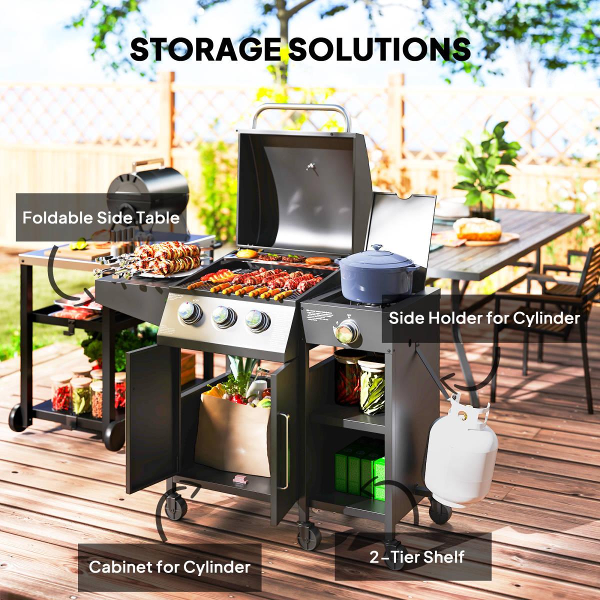 9.5 kW Gas BBQ Grill: 3 Burners, Side Burner & Storage Cabinet