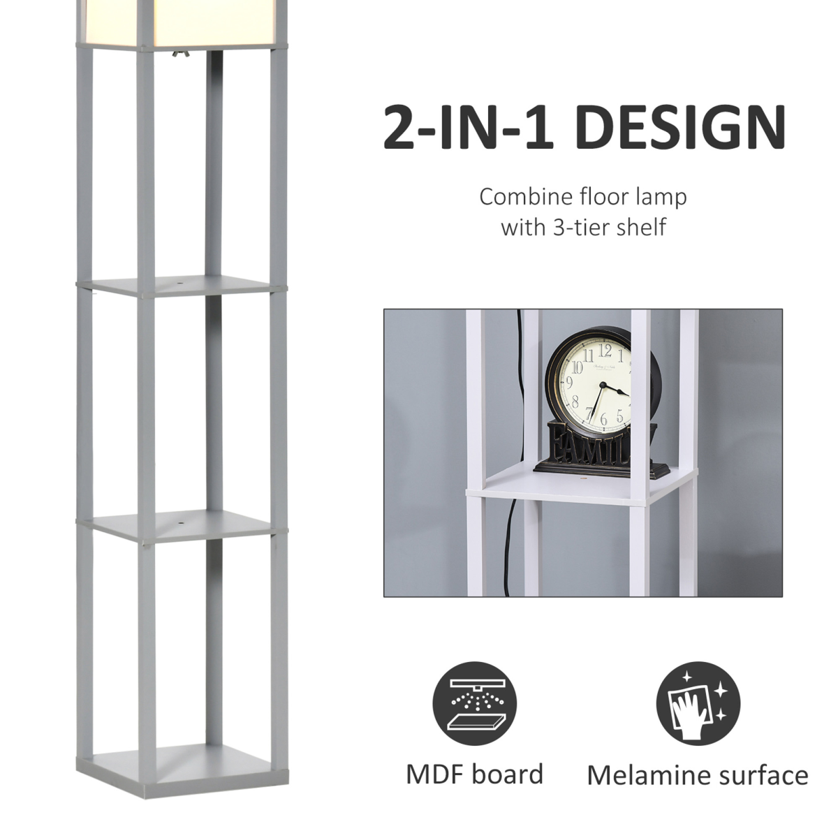 Grey 3-Tier Floor Lamp with Storage Shelves and Foot Switch