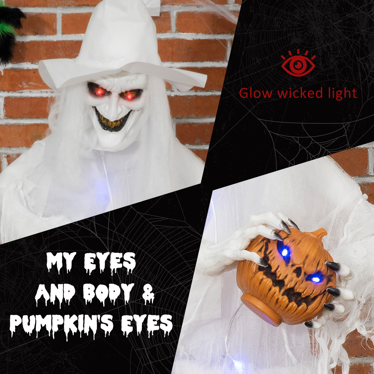 72-Inch Halloween Witch with Pumpkin, Skeleton Ghost, Motion-Activated Lights