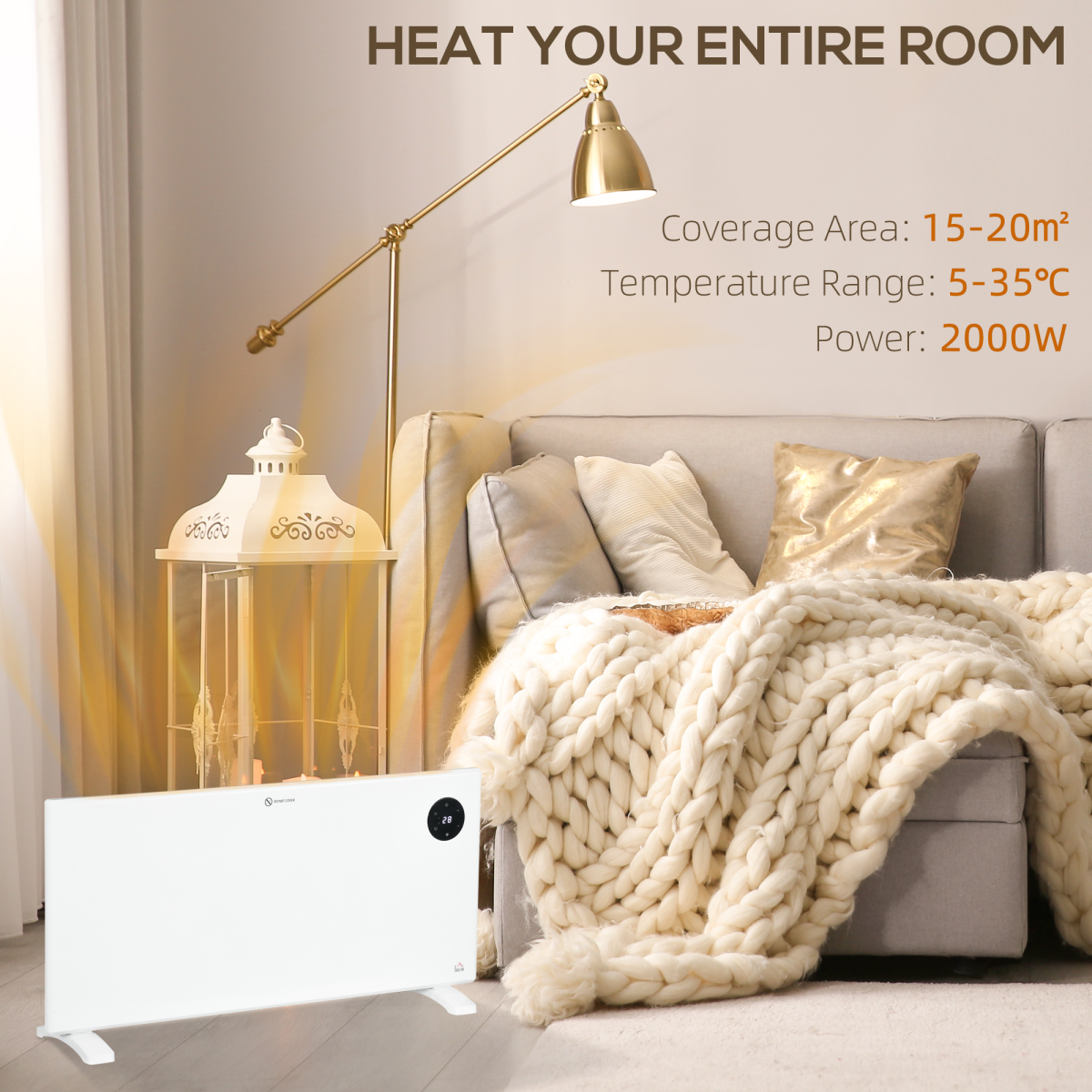 2000W Slim Electric Convector Heater with LED Display & Remote