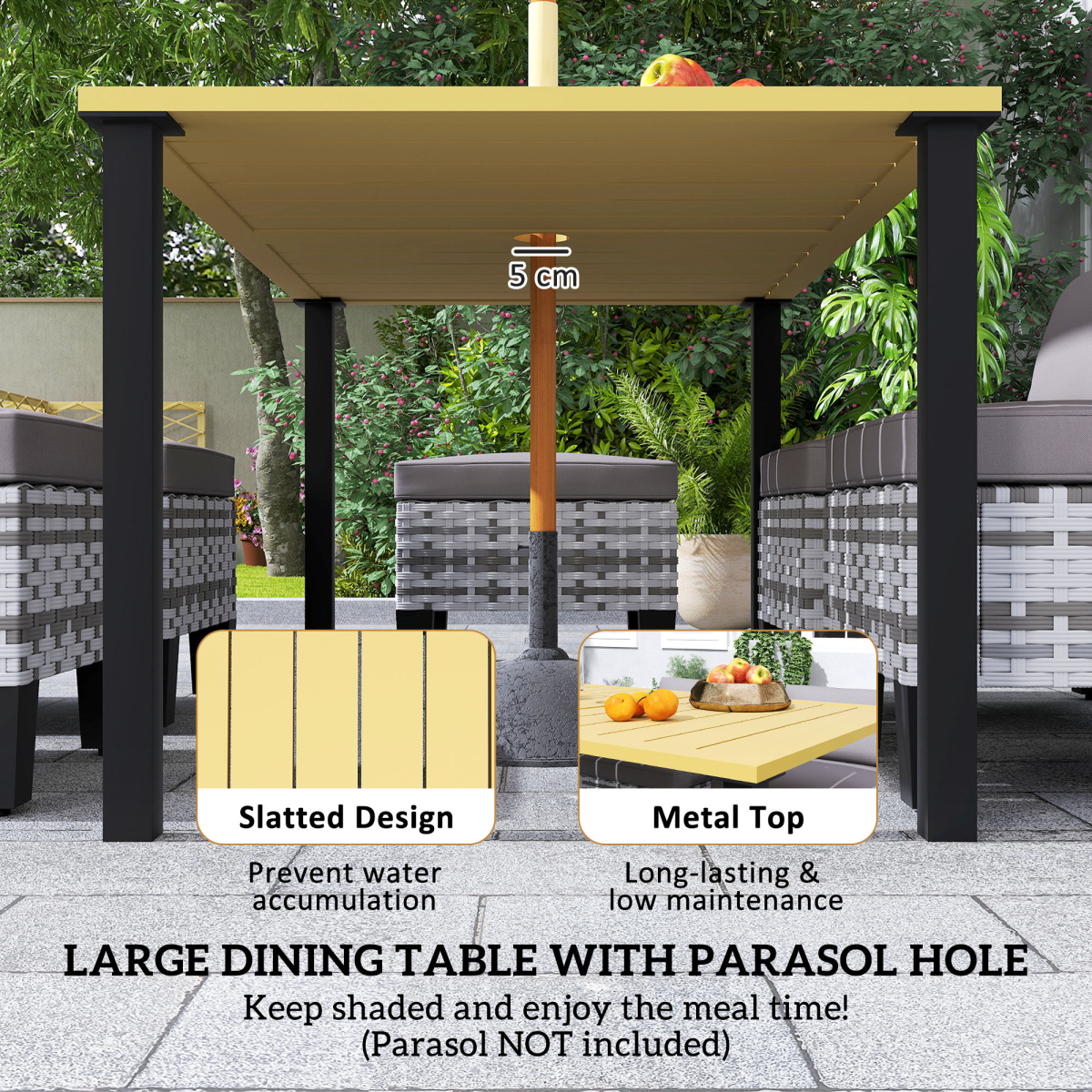 7-Piece Grey Rattan Garden Dining Set with Cushions & Umbrella Hole