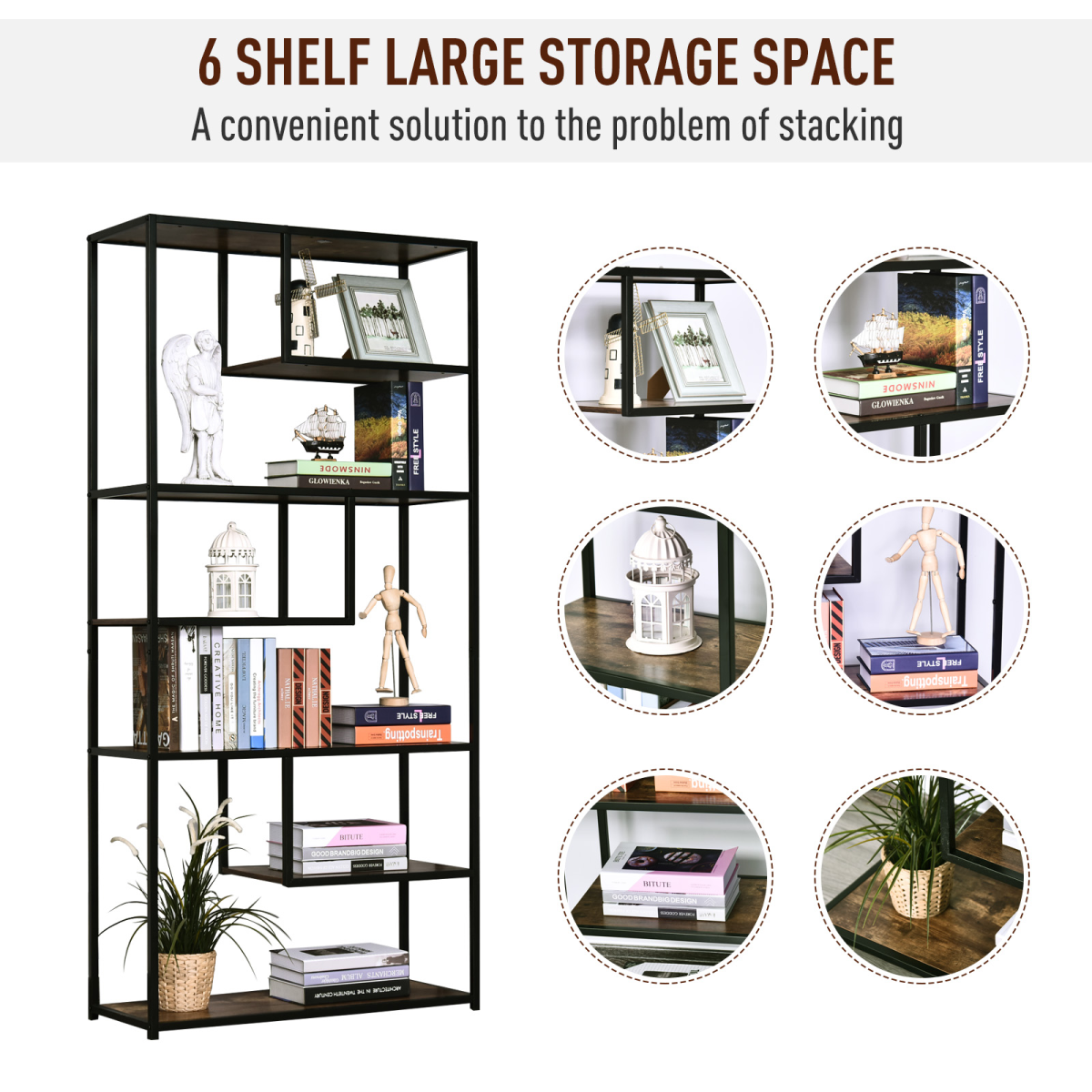 Industrial 6-Tier Wood Bookshelf - Stylish Living Room Display Rack