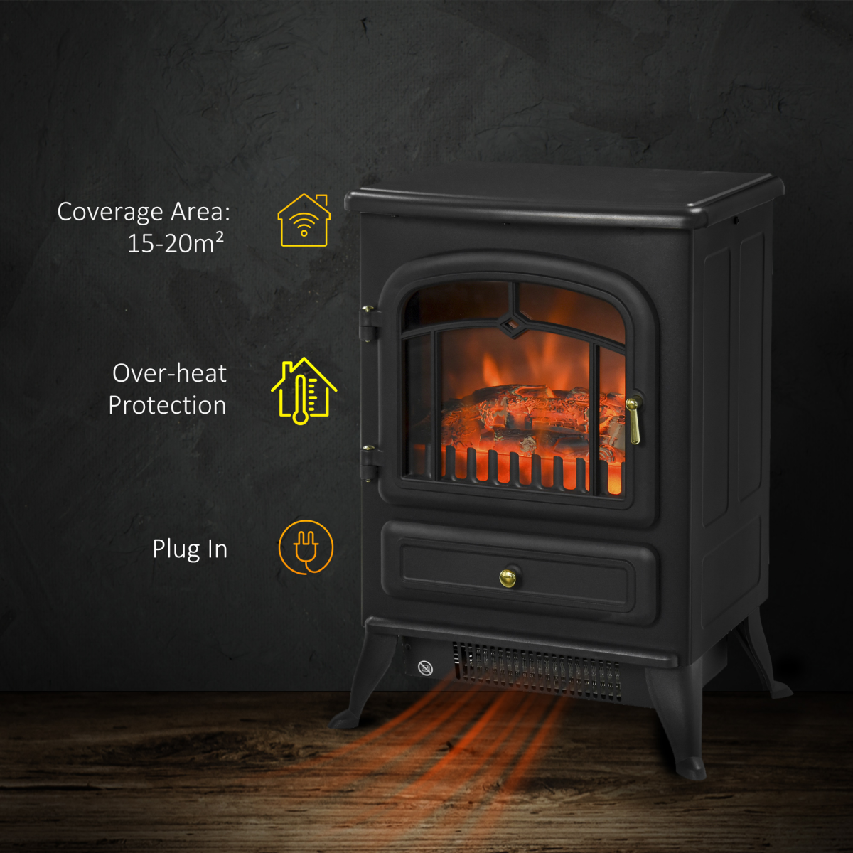 Realistic Electric Fireplace 1850W - Portable Black Heater with Wood Effect