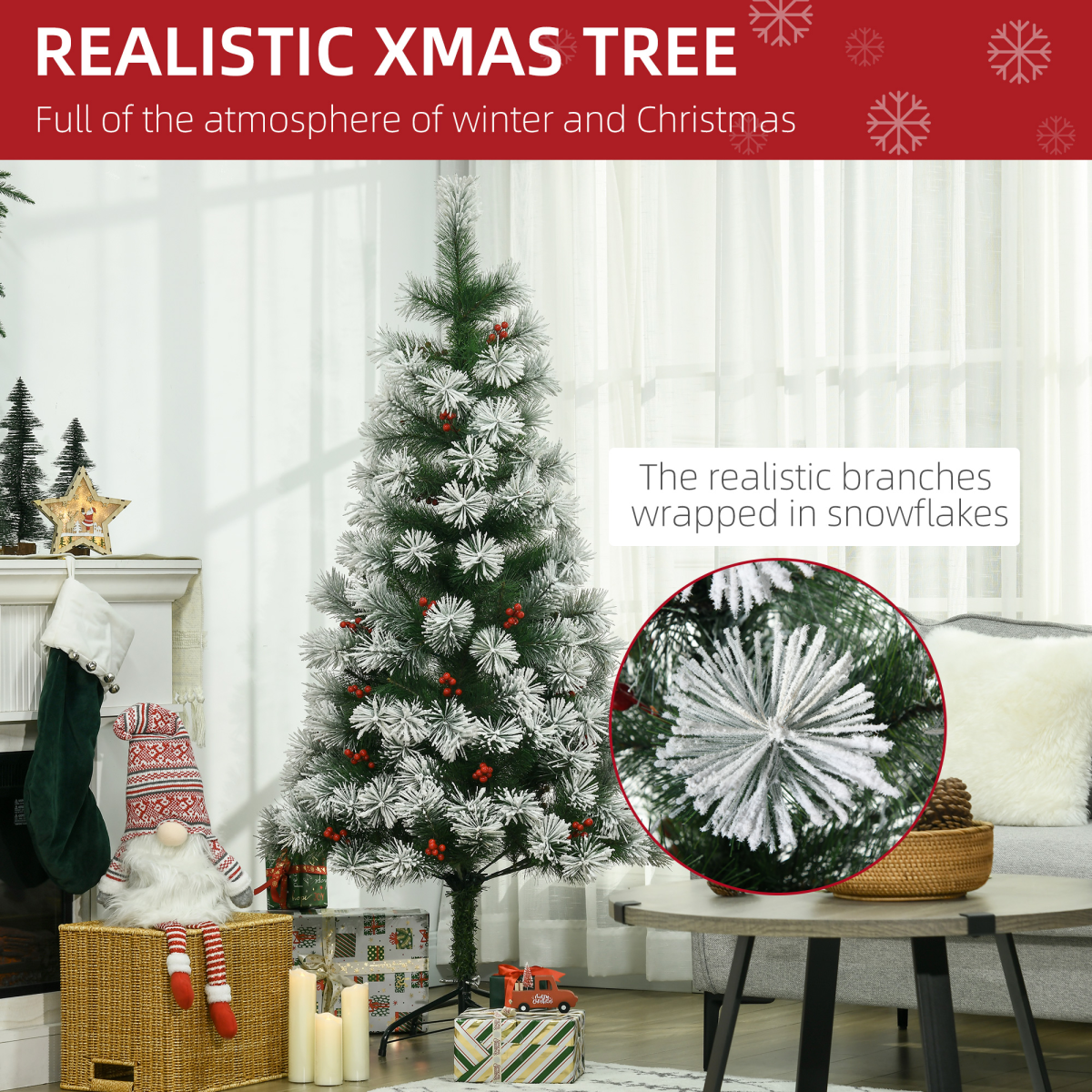 5ft Indoor Christmas Tree with Berry Decor, 184 PET Tips, Metal Stand