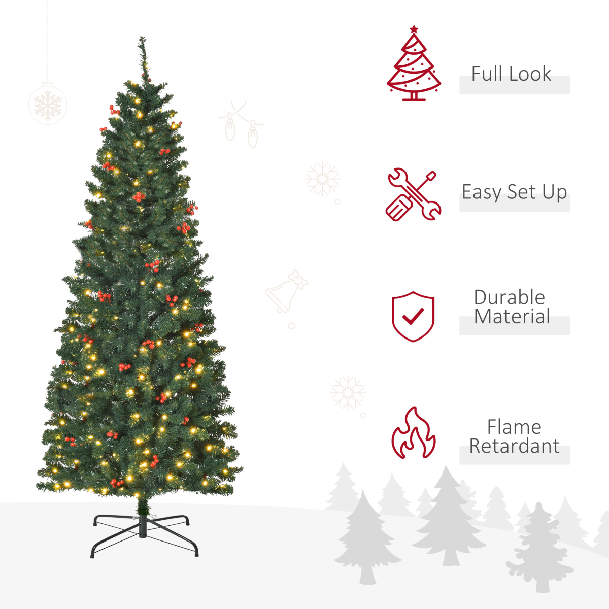 6ft Prelit Artificial Pencil Christmas Tree - Warm White LED, Red Berry Accents