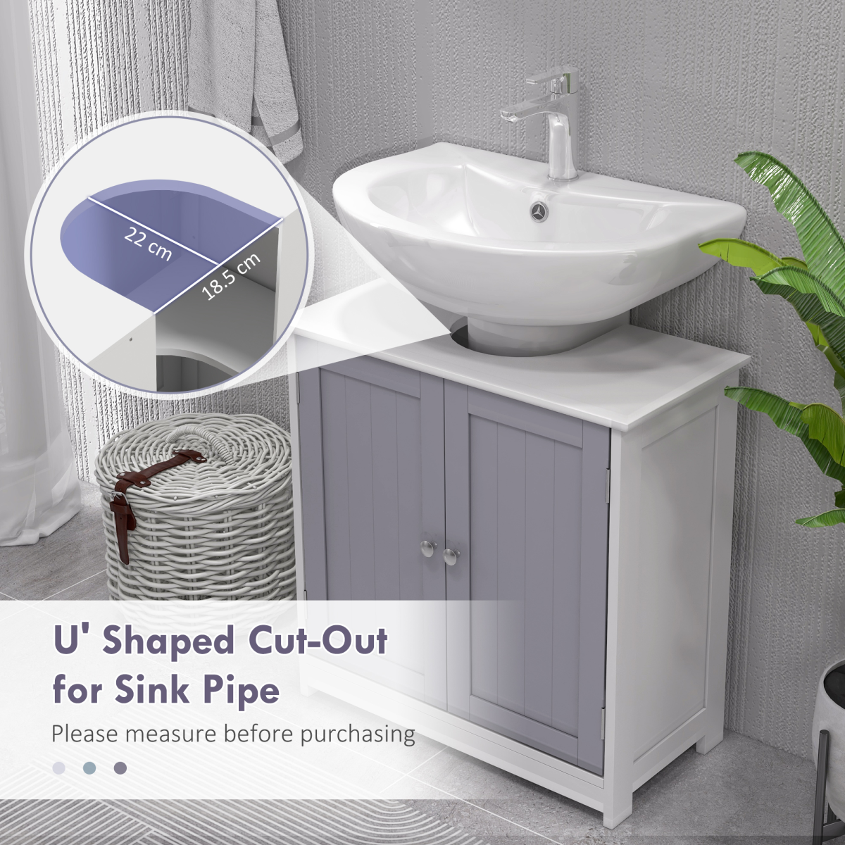 Kleankin 60x60cm Under-Sink Storage Cabinet - Adjustable Grey & White Design