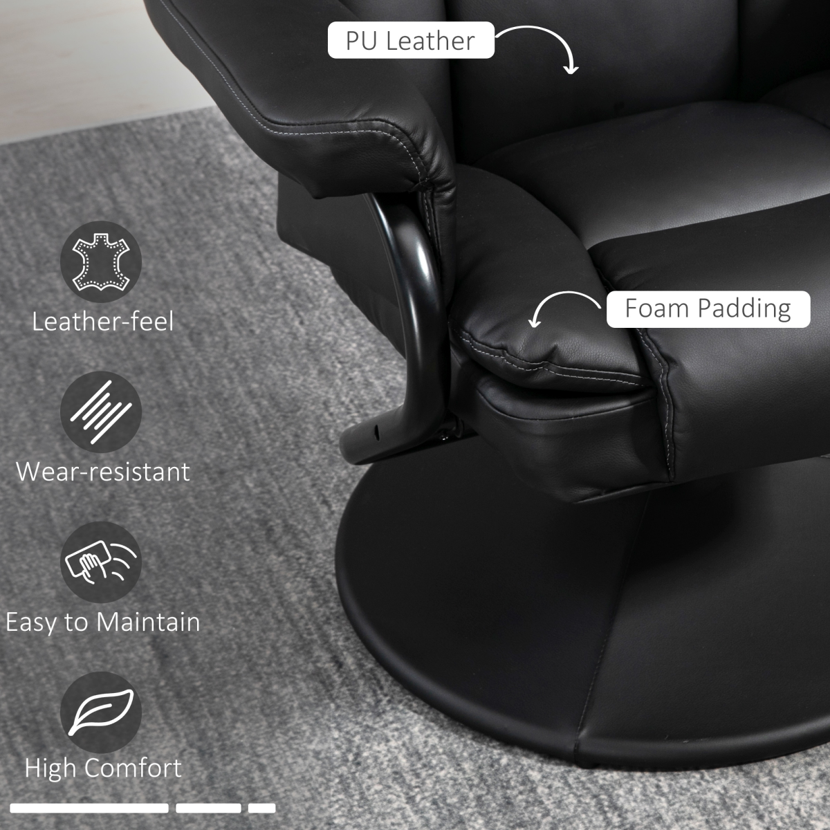 Luxurious Black PU Leather Swivel Recliner & Ottoman for Ultimate Relaxation