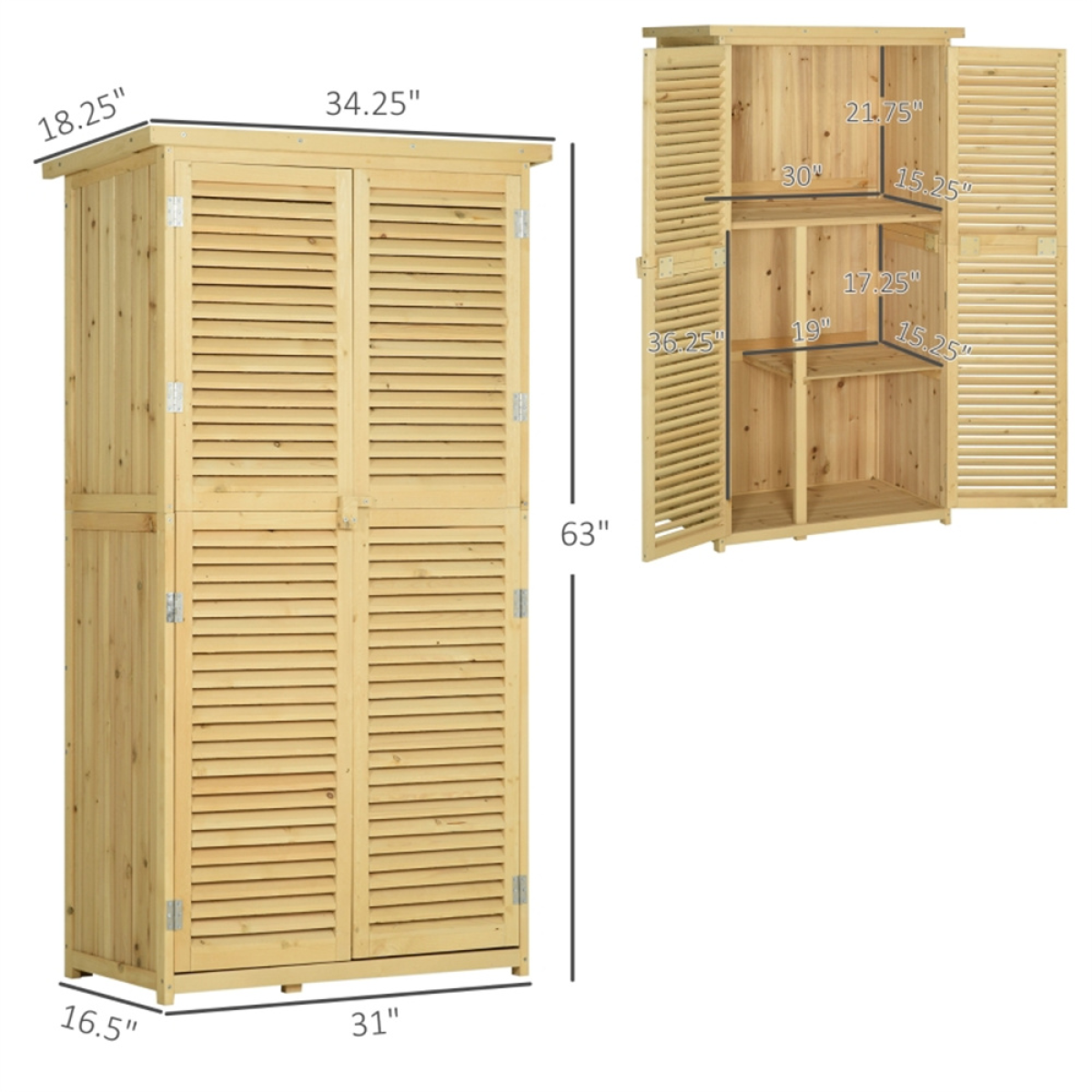 Sturdy Fir Wood Garden Storage Shed with Lockable Doors & Shelving - Natural Finish