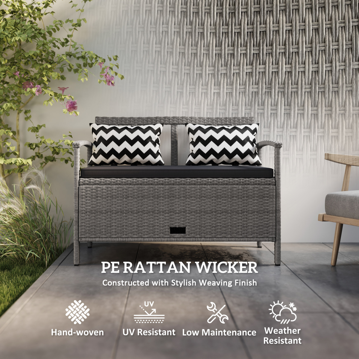 160L Rattan Garden Storage Bench with Cushioned Seat – Grey