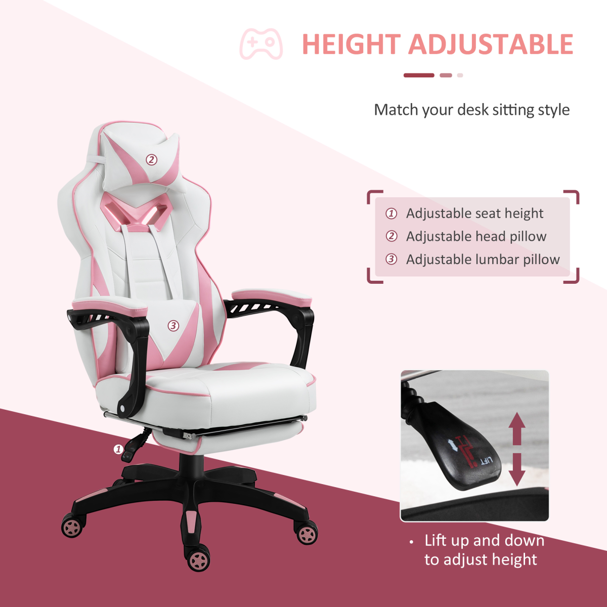 Ergonomic Gaming Chair with Wheels & Manual Footrest, Pink Faux Leather
