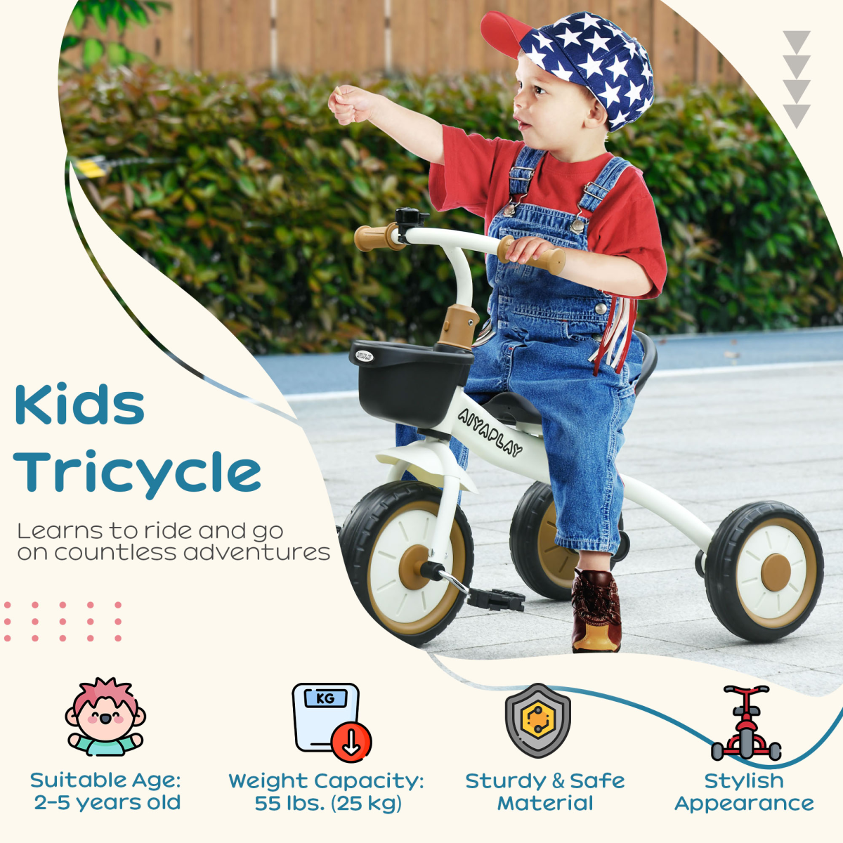 White Kids Trike with Adjustable Seat, Basket & Bell (Ages 2-5)