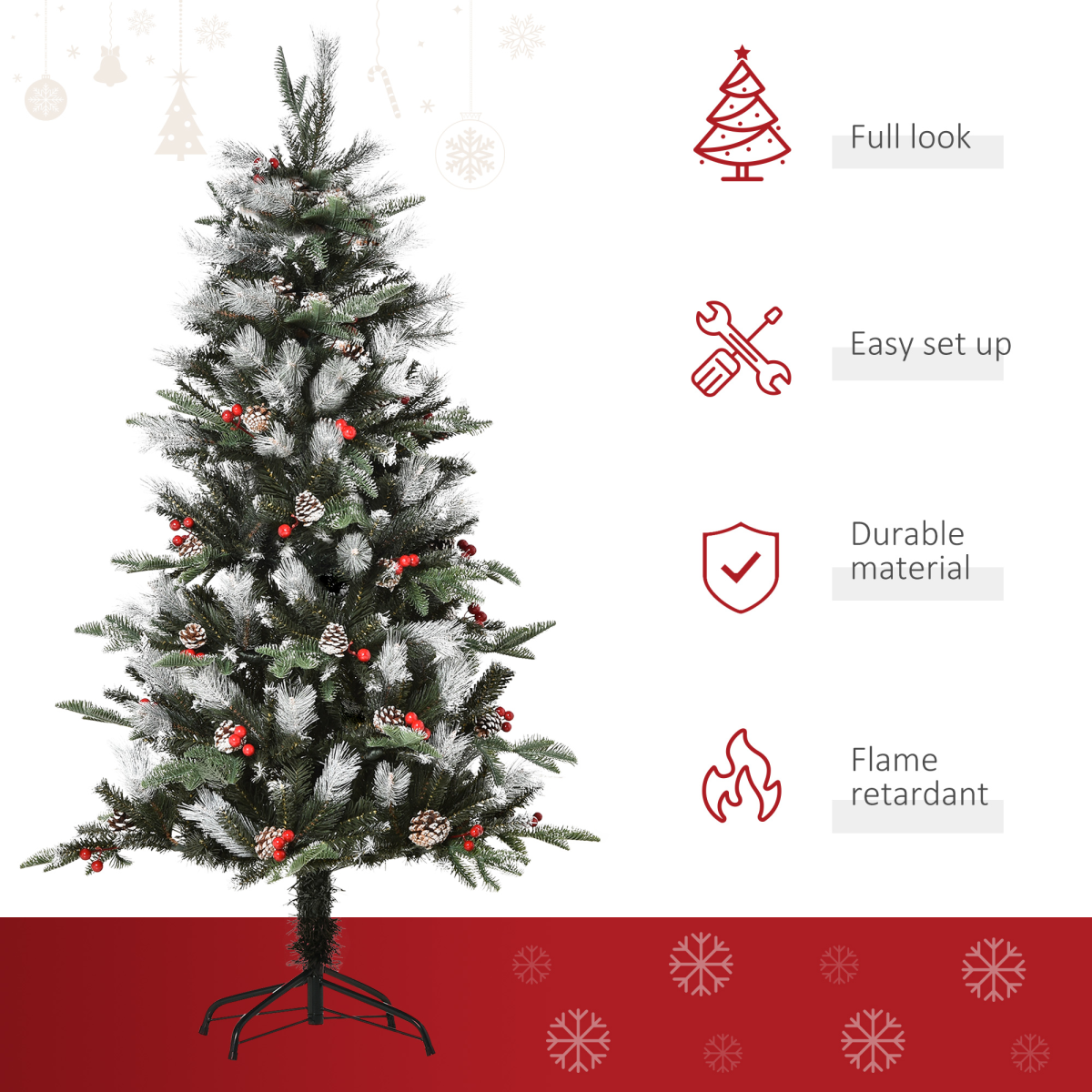 5ft Snow-Dipped Xmas Tree with Foldable Design, Berries & Pinecones