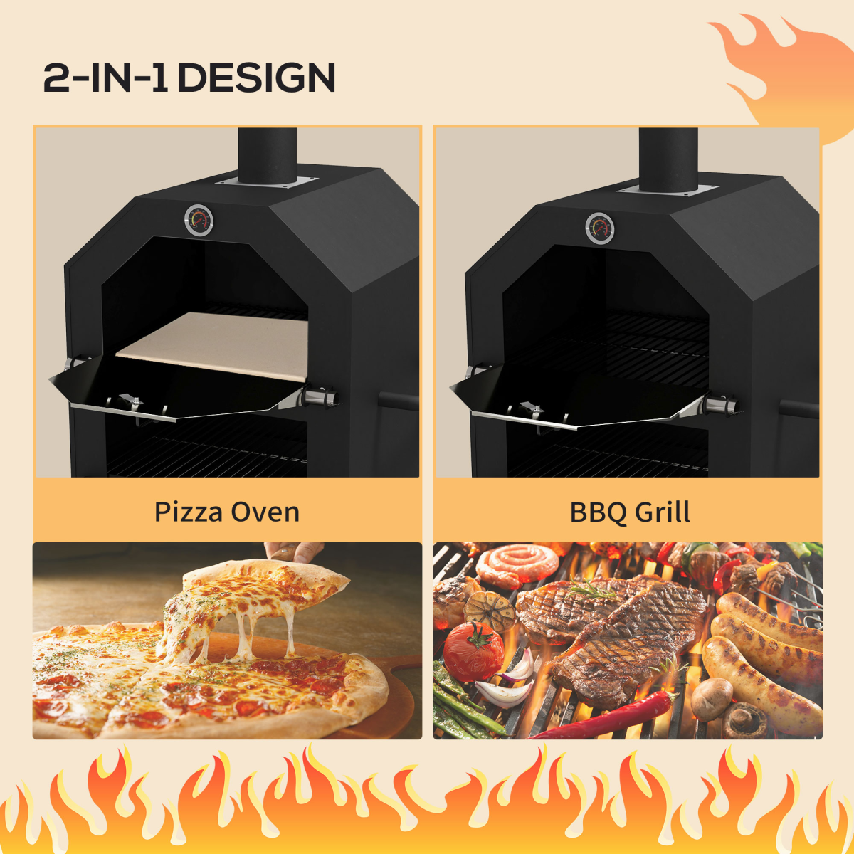 Outdoor Pizza Oven & Charcoal Grill with Rain Cover, Shelf & Wheels