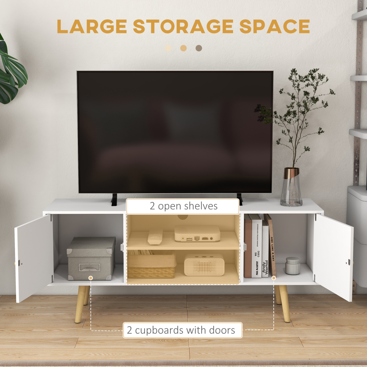 Elegant White TV Stand with Storage & Cable Management for Up to 55" TVs
