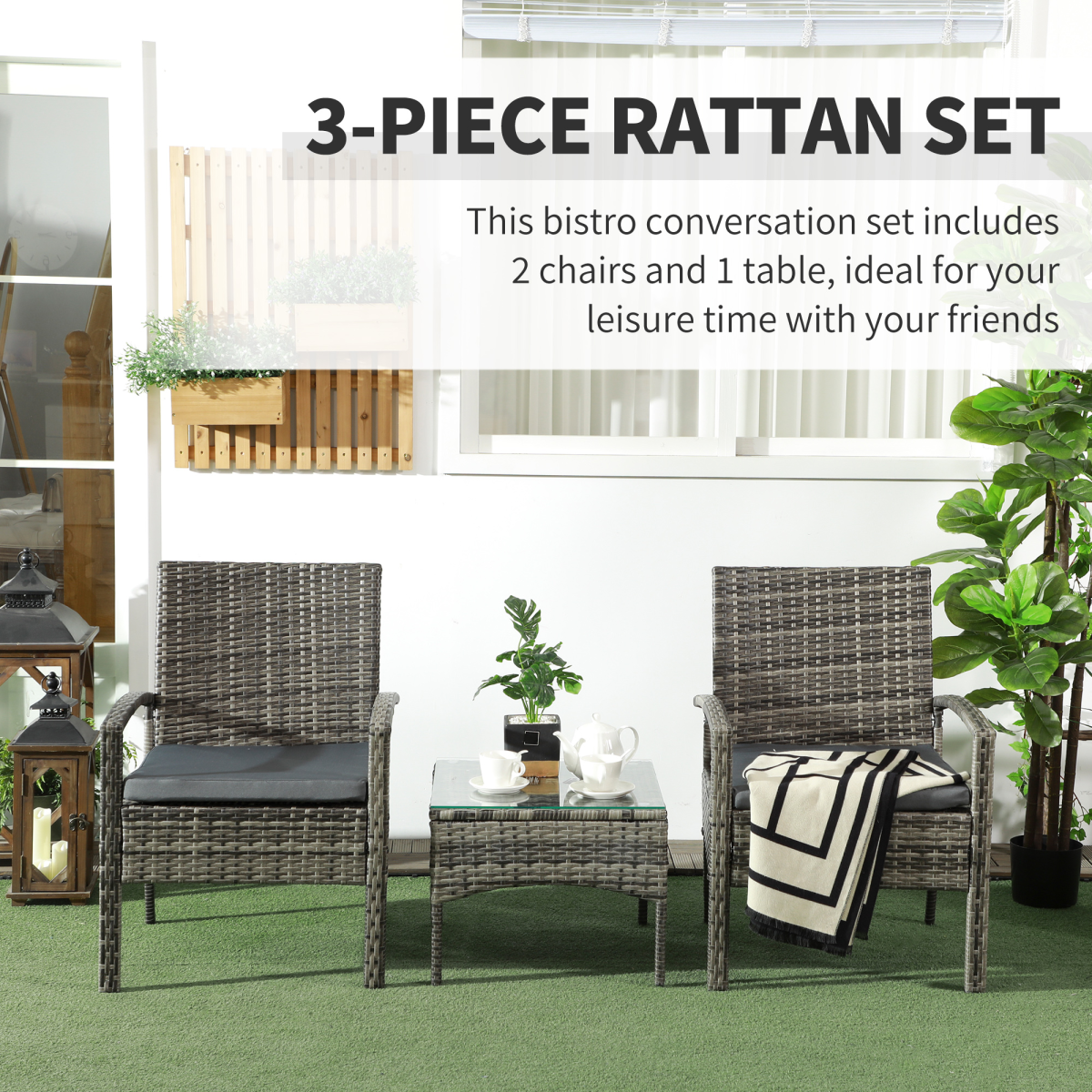 3-Piece Grey Rattan Bistro Set - Table & 2 Chairs