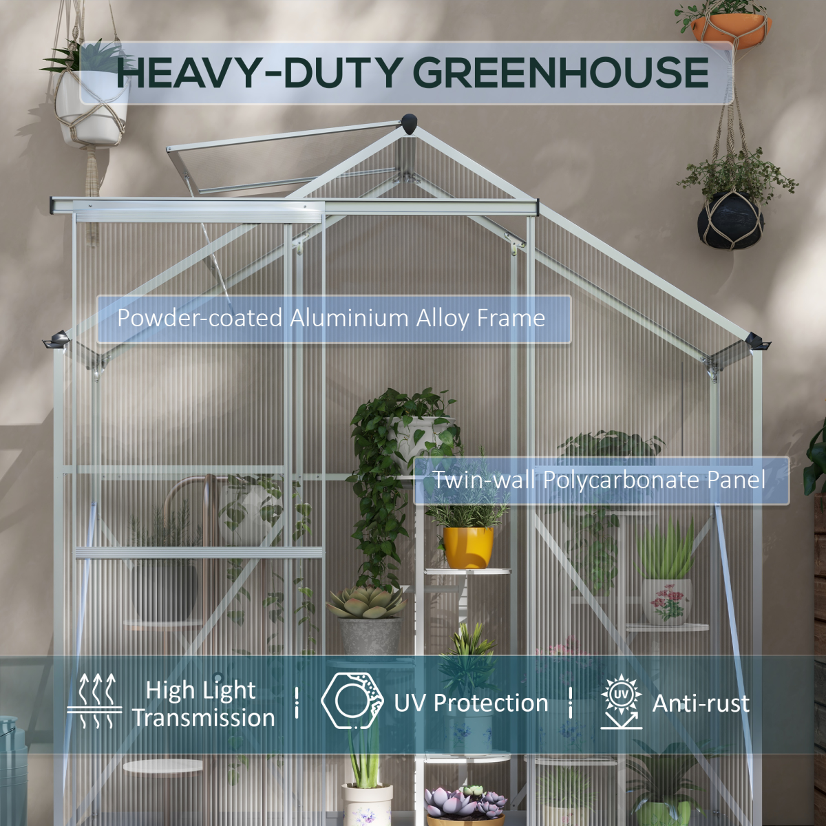 6x2.5ft Polycarbonate Greenhouse - Aluminium Frame, Silver