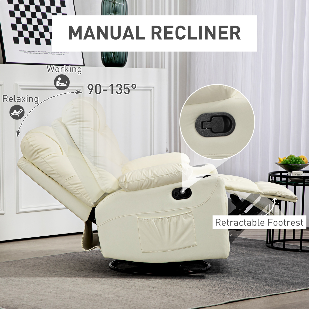 Luxury Recliner Chair with Footrest & Cup Holders - Cream Swivel Comfort