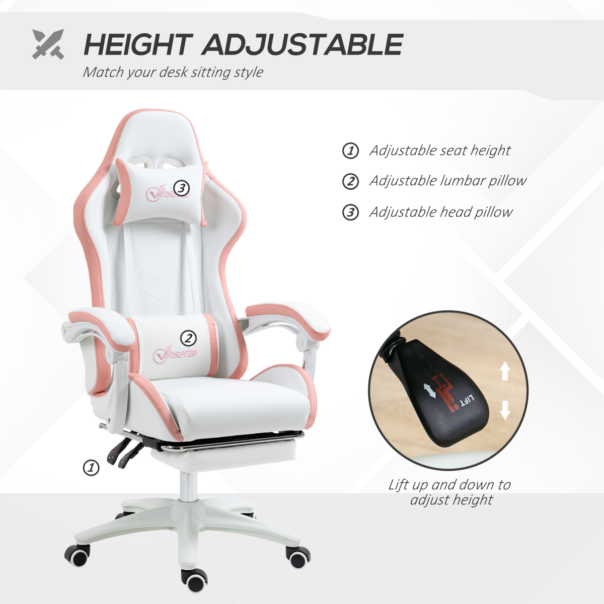 Vinsetto Pink Racing-Style Gaming Chair with Reclining Back and Footrest