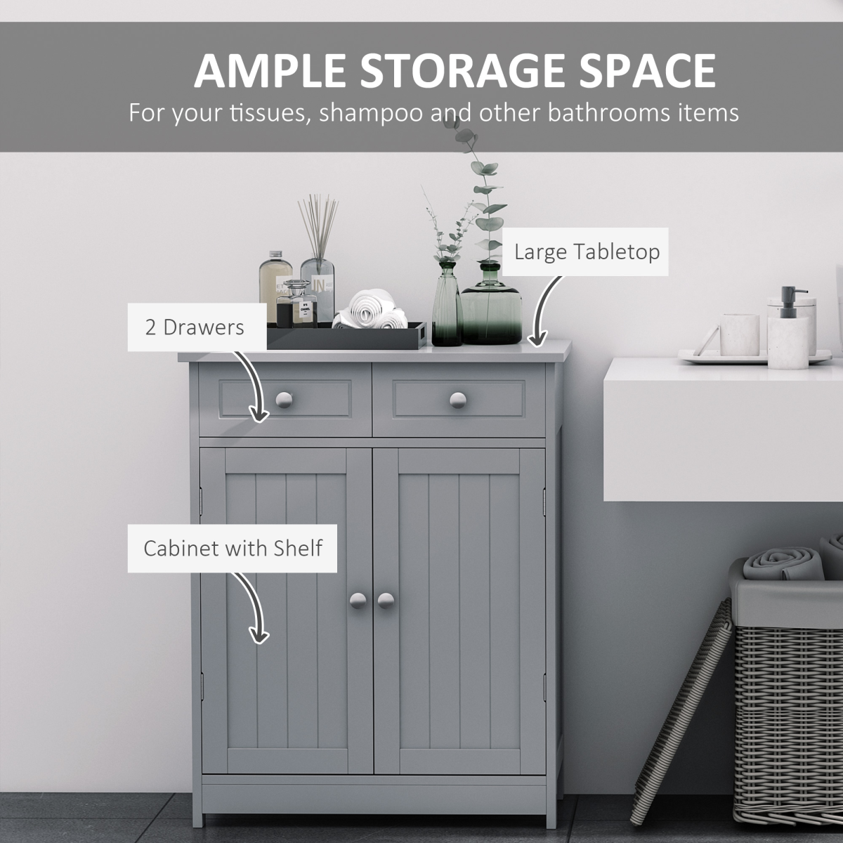 Stylish Grey Bathroom Storage Cabinet with Drawers & Cupboard - 75cm Tall