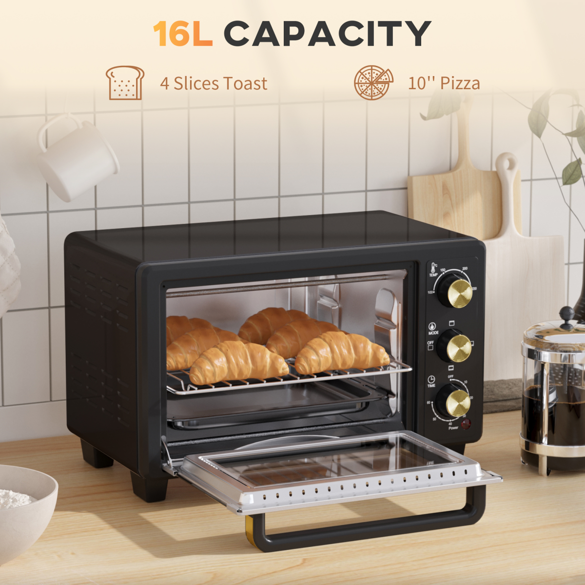 16L Mini Countertop Oven: Adjustable Temp & Timer, 1400W, Sleek Black
