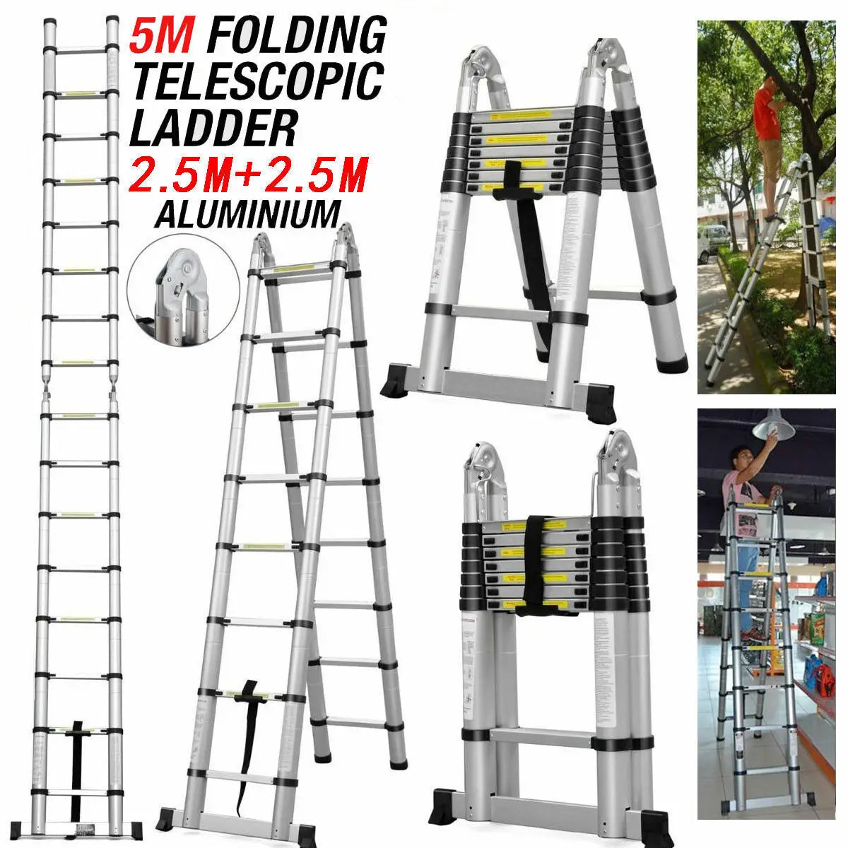 Telescopic Aluminium 2.6M-5M Folding Step Ladder,Multi-Purpose,Non-Slip,Extendible,Rungs,Lightweight,150Kg Load Capacity