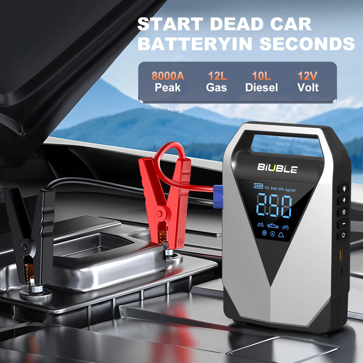 4 in 1 Car Jump Starter Air Pump 150PSI Air Compressor Tire Pump 12000Mah Battery Booster Pack 3000A Car Booster Starting Device