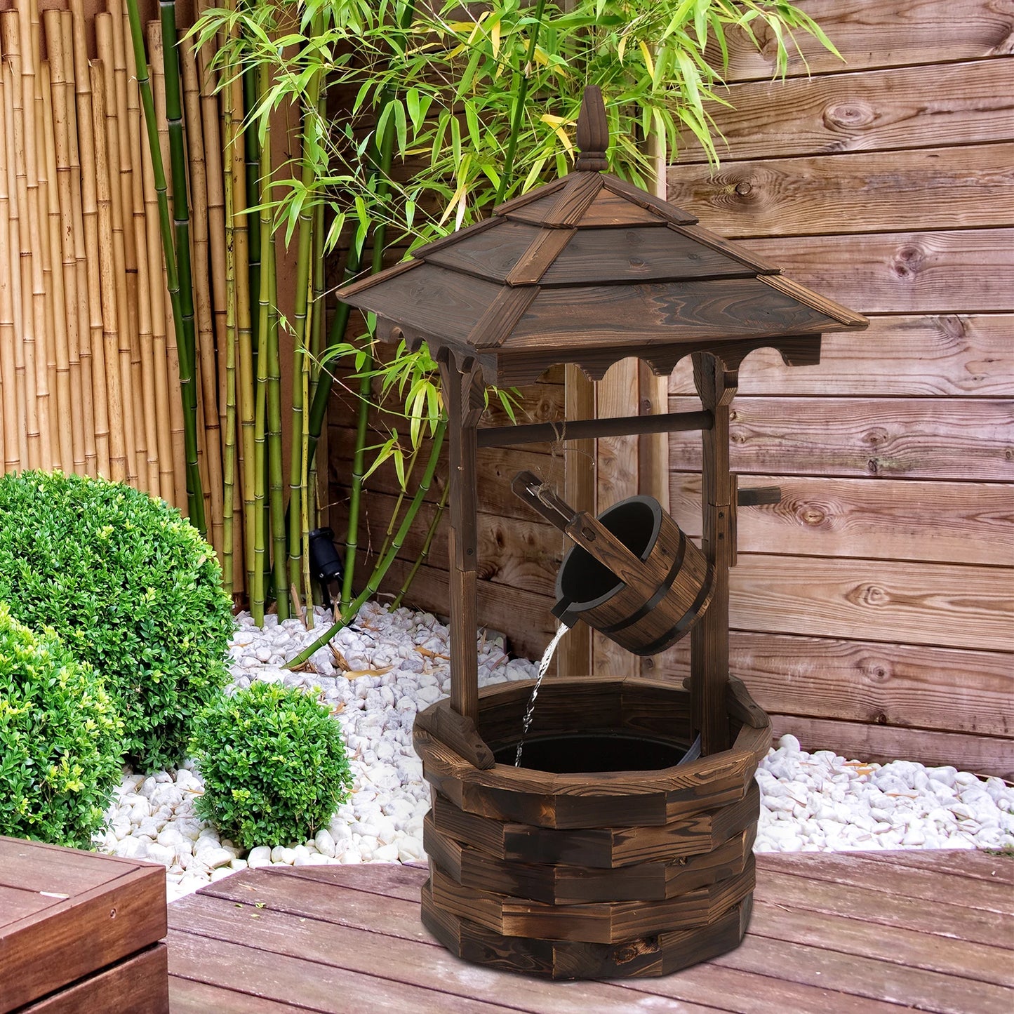 Wooden Garden Wishing Well Fountain with Pump and Barrel Waterfall
