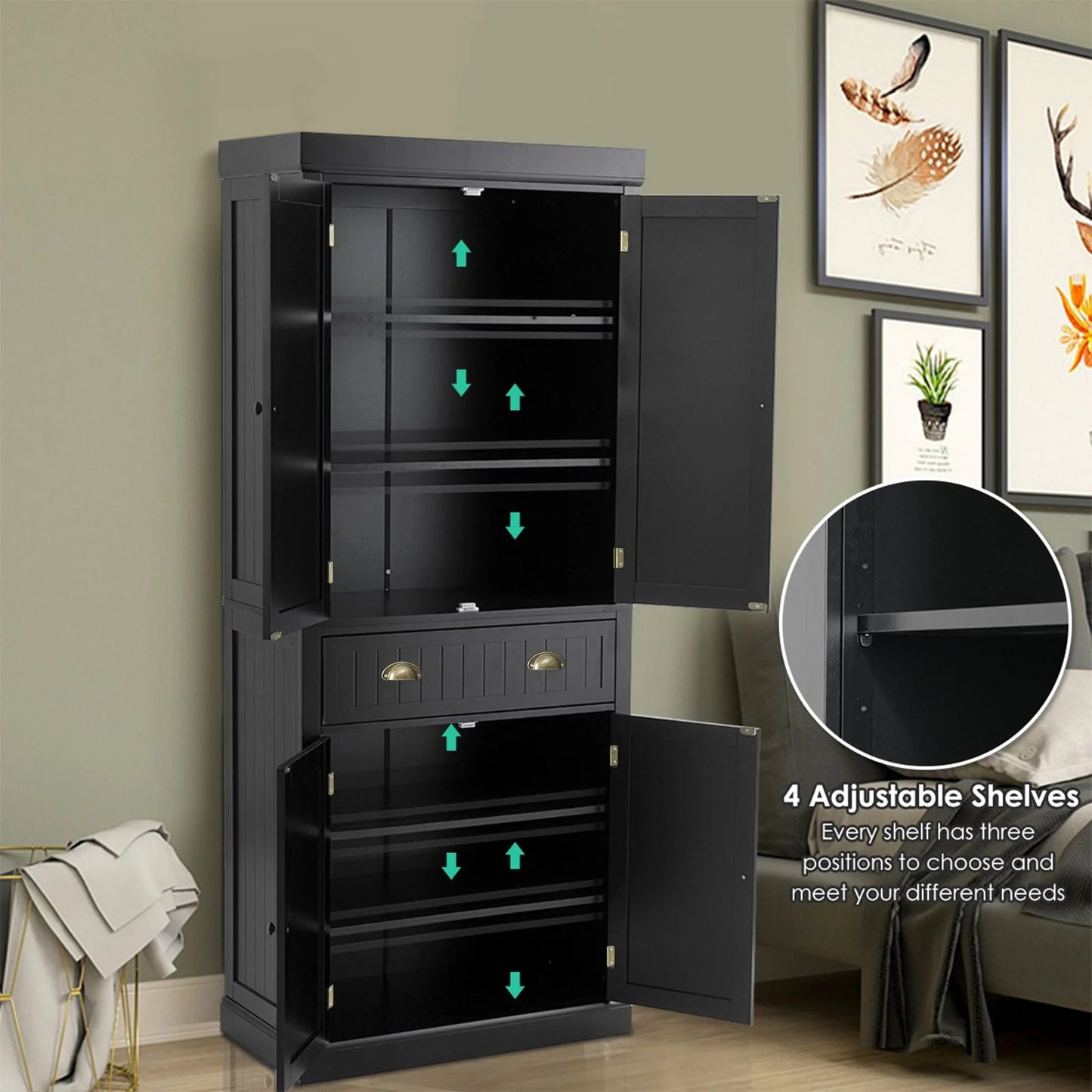 4-Door Tall Kitchen Cupboard Adjustable Shelves and Drawer