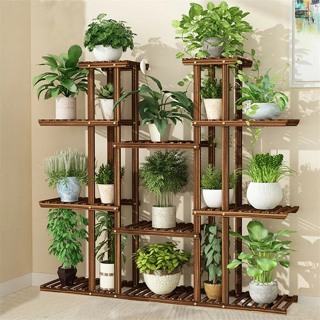 Large 11 Tiered Wood Plant Stand Carbonized High Widen Pot Shelf Holder Flower Shop Office Garden Indoor Outdoor