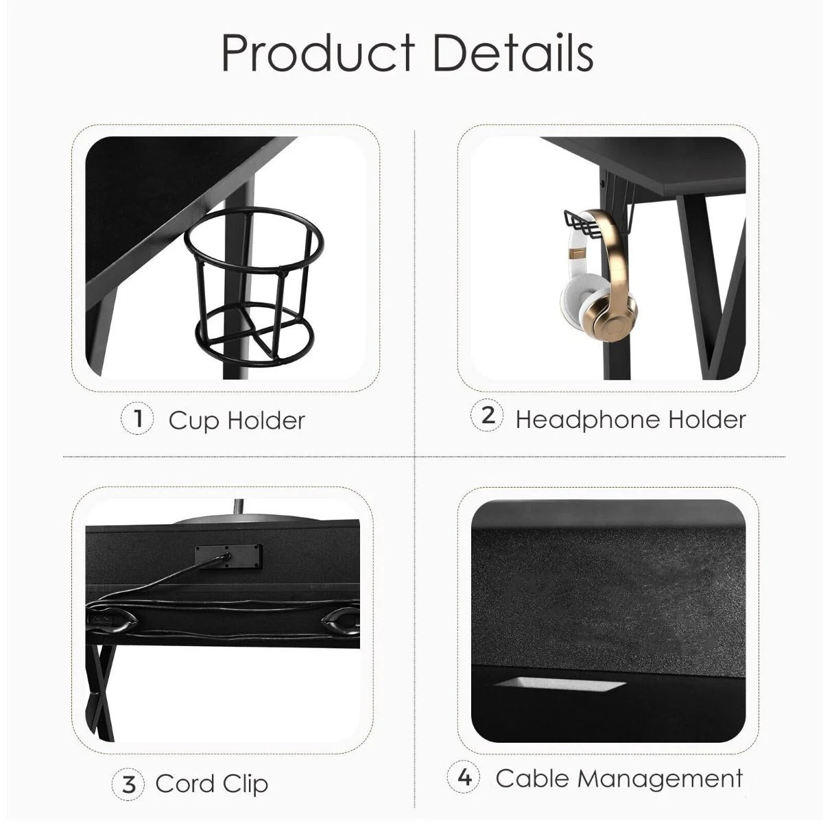 Ergonomic Gaming Computer Desk with Cup Holder and Monitor Riser