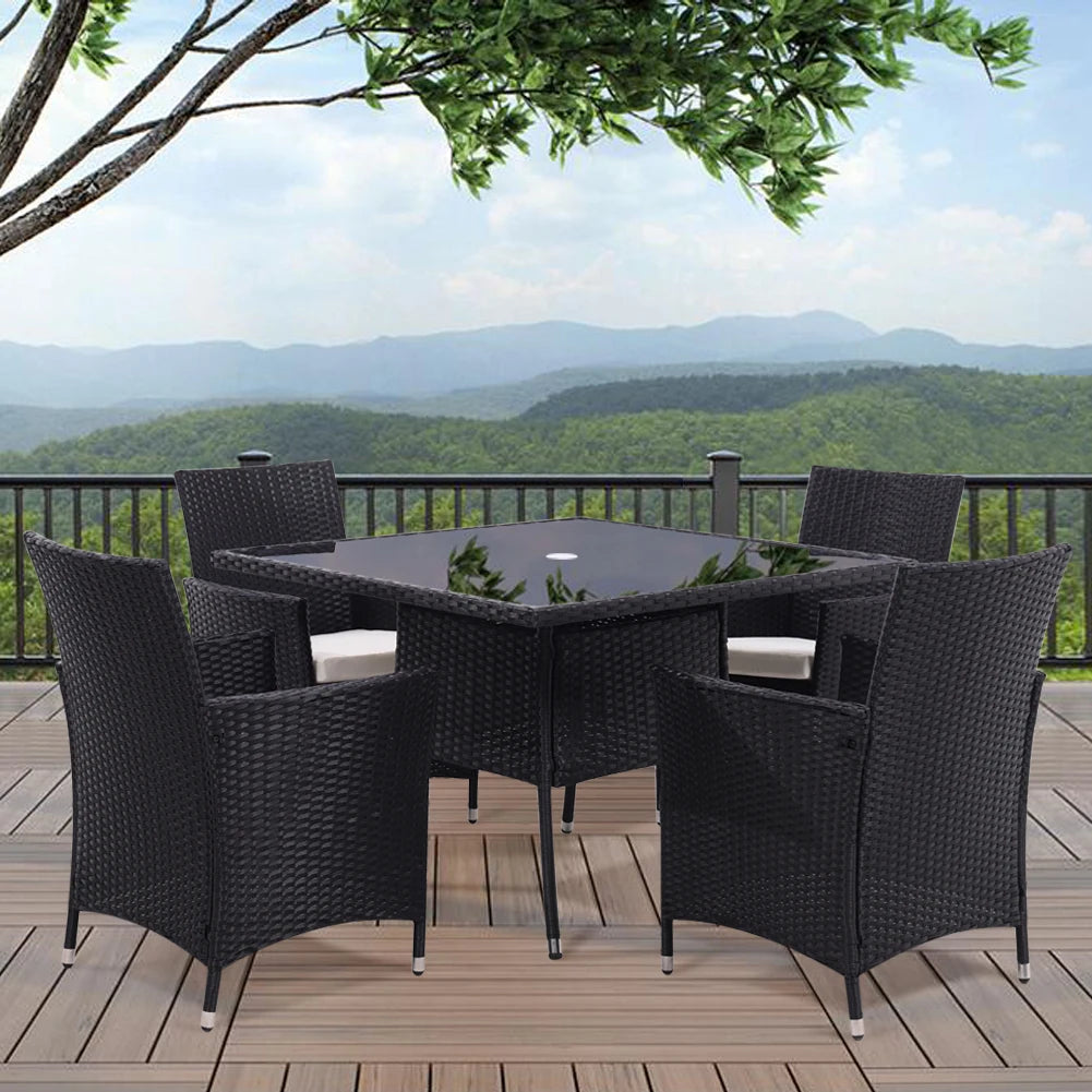 Garden Wicker Table with Tempered Glass and Parasol Hole