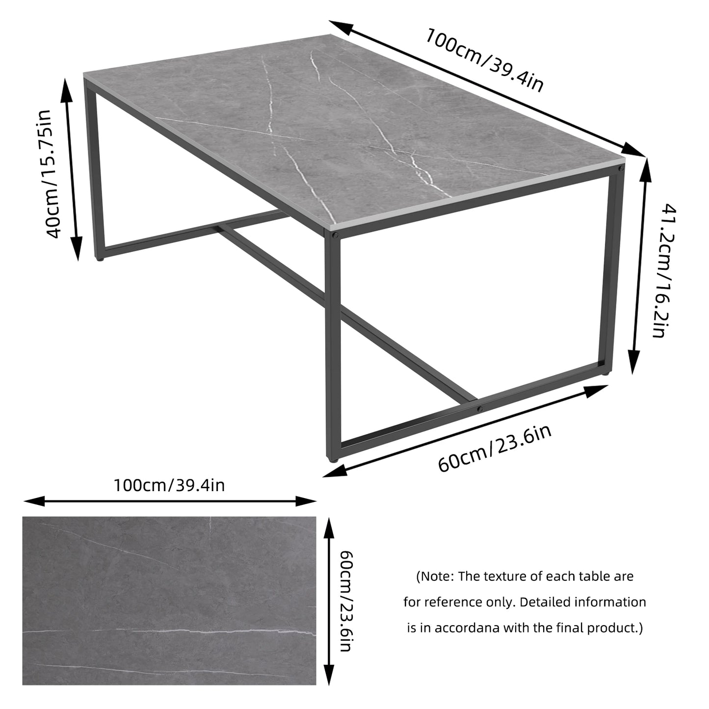 1M Long Rectangle Living Room Coffee Side Table with Marble Tabletop