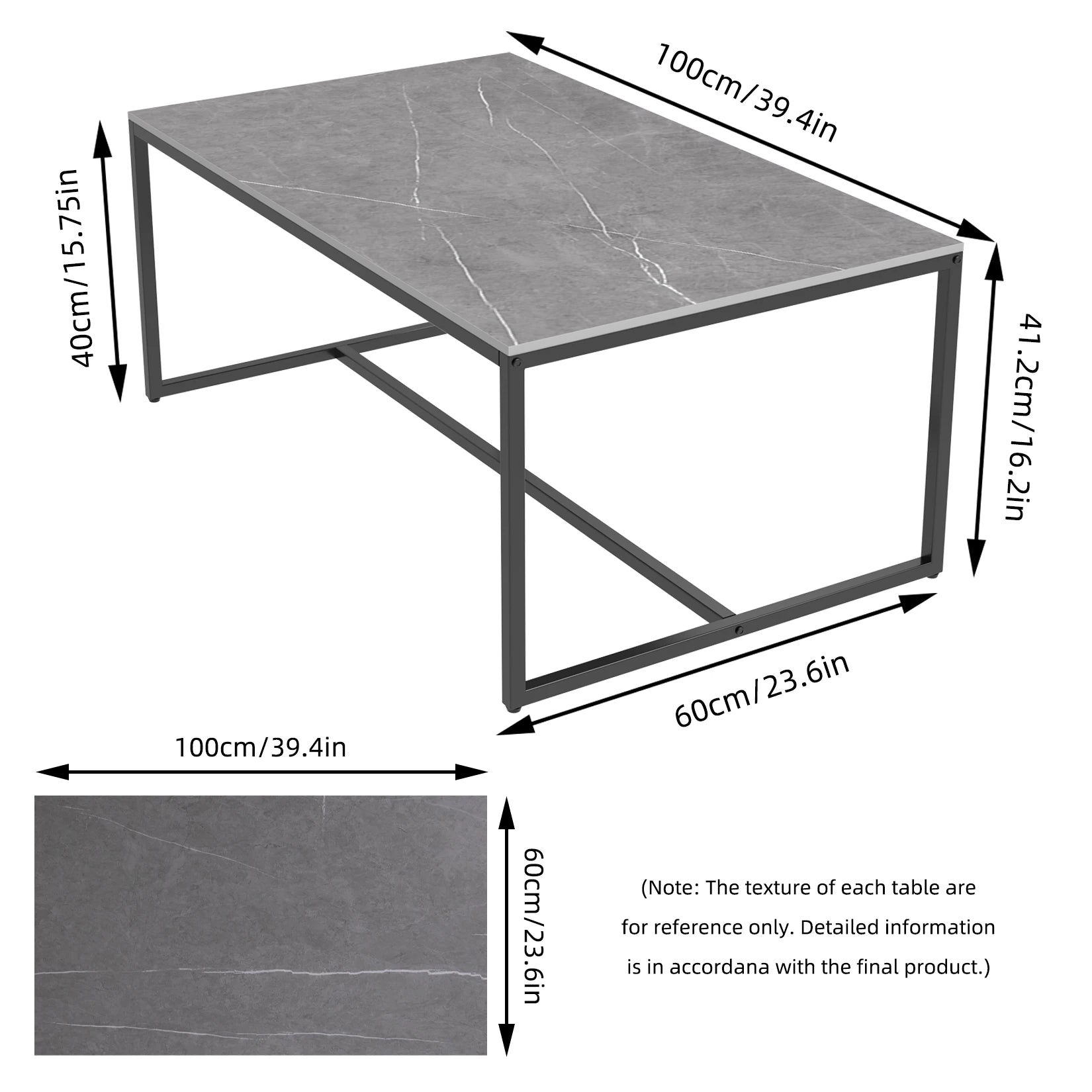 1M Long Rectangle Living Room Coffee Side Table with Marble Tabletop