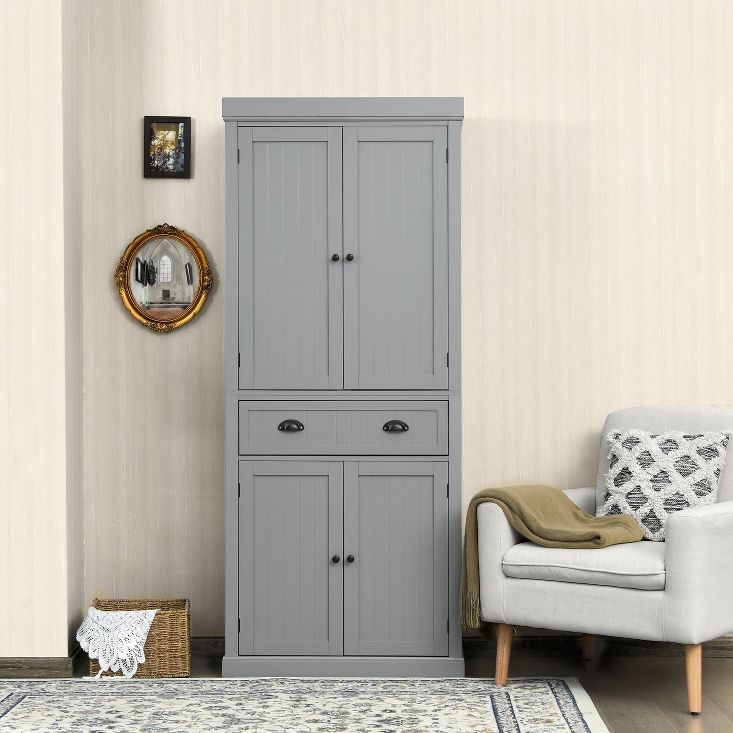 4-Door Tall Kitchen Cupboard Adjustable Shelves and Drawer