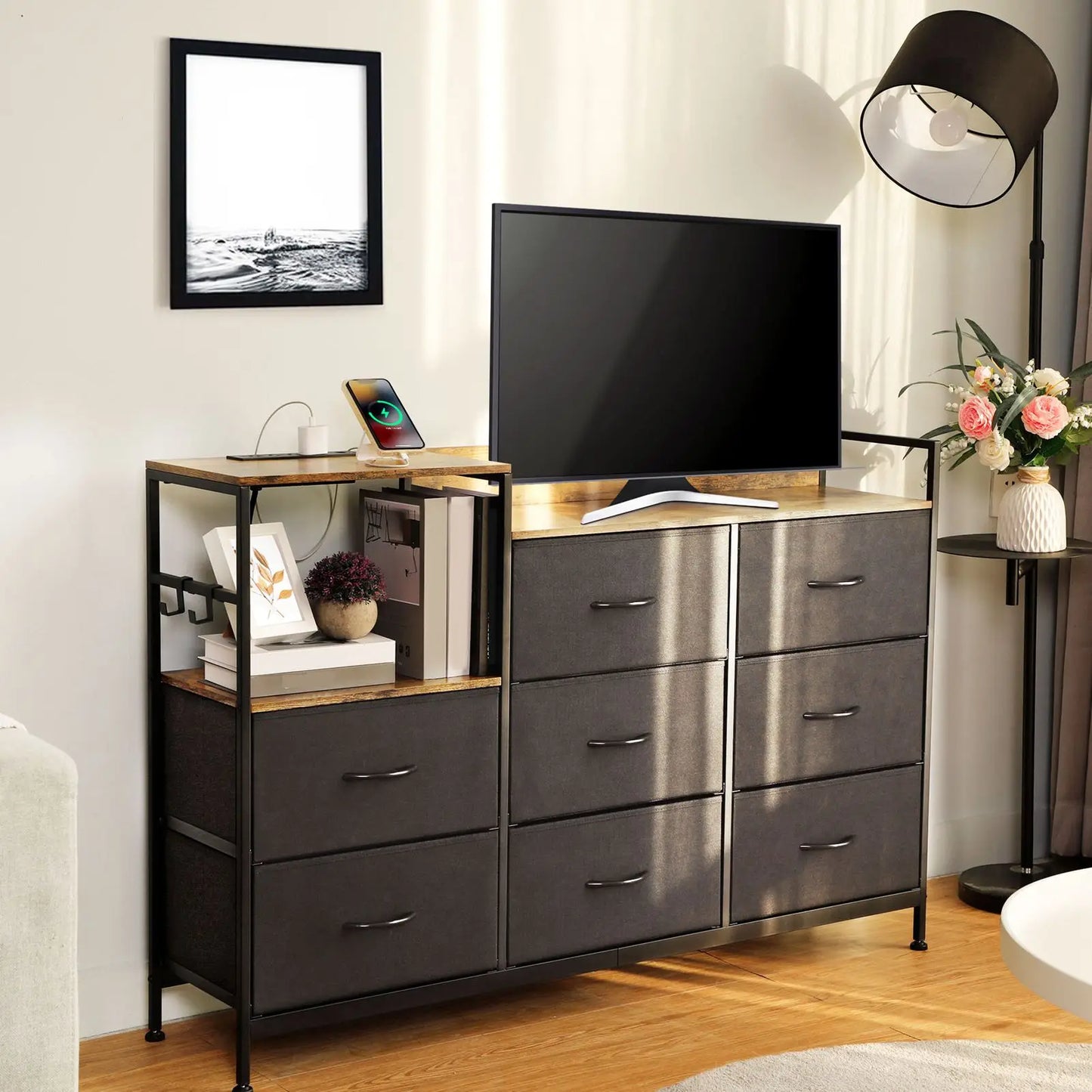 Brown Multi-Purpose Organizer Storage Cabinet with 8 Fabric Drawers & Open Shelf