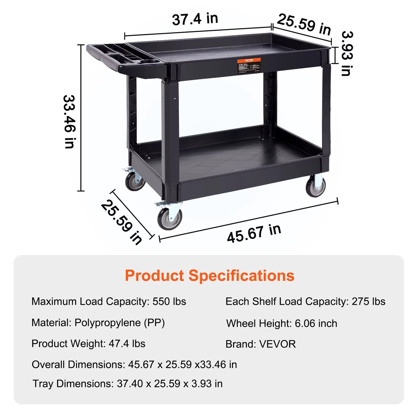 2/3 Shelf Utility Service Cart Heavy Duty with 360° Swivel Wheels Ergonomic Storage Handle for Warehouse/Garage/Cleaning