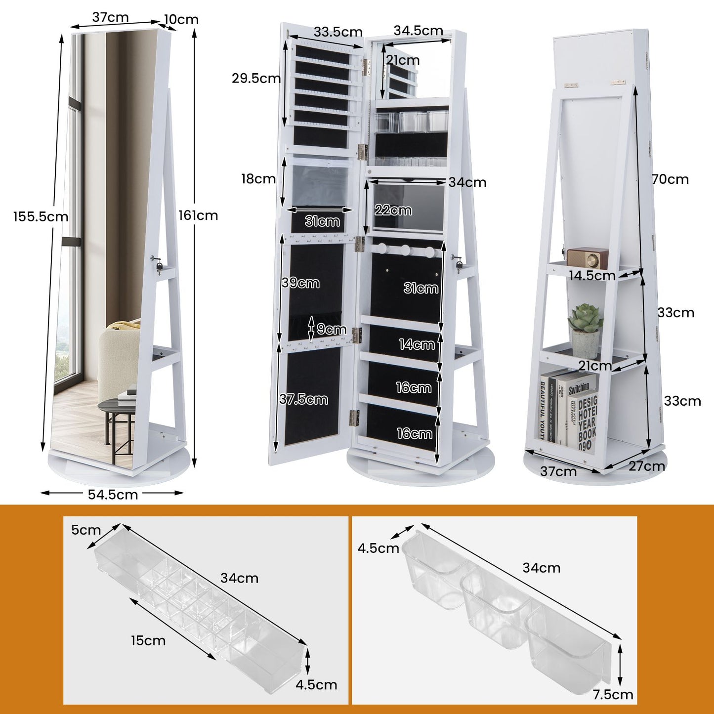 360-Degree Mirrored Jewelry Armoire with 3-Color Auto-On LED Lights