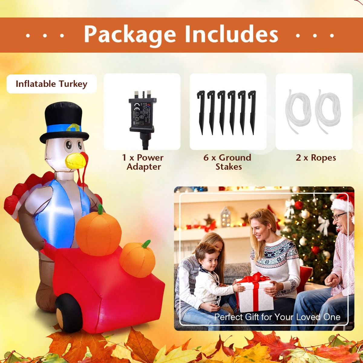 6 Feet Lighted Thanksgiving Inflatable Turkey Pushing Pumpkin Cart