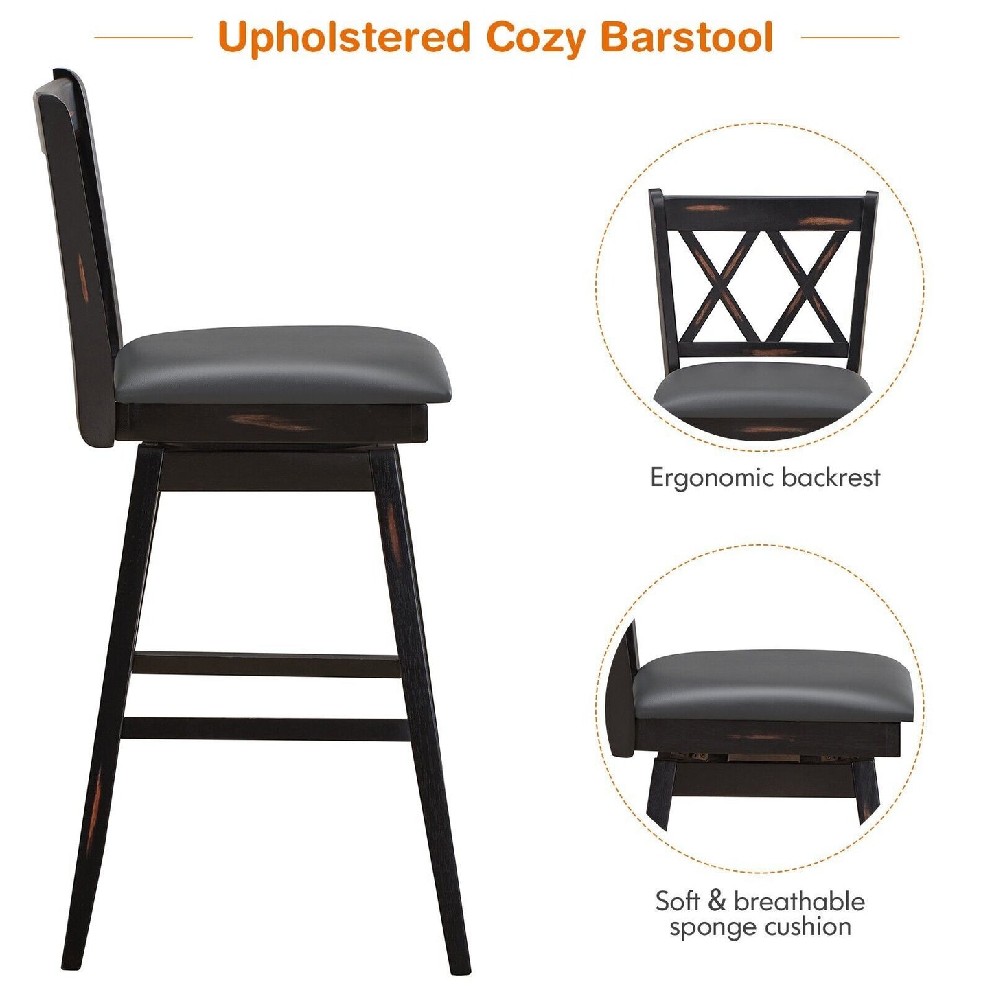 Set of 2 Counter Height Bar Stool with Foot Rest Upholstered Cushion