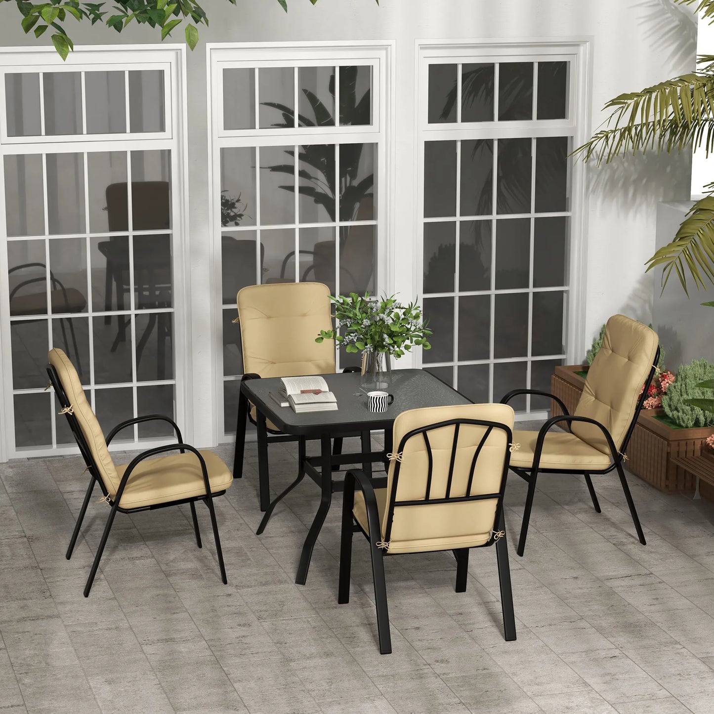 5-Piece Outdoor Garden Dining Set with Square Table and 4 Cushioned Armchairs