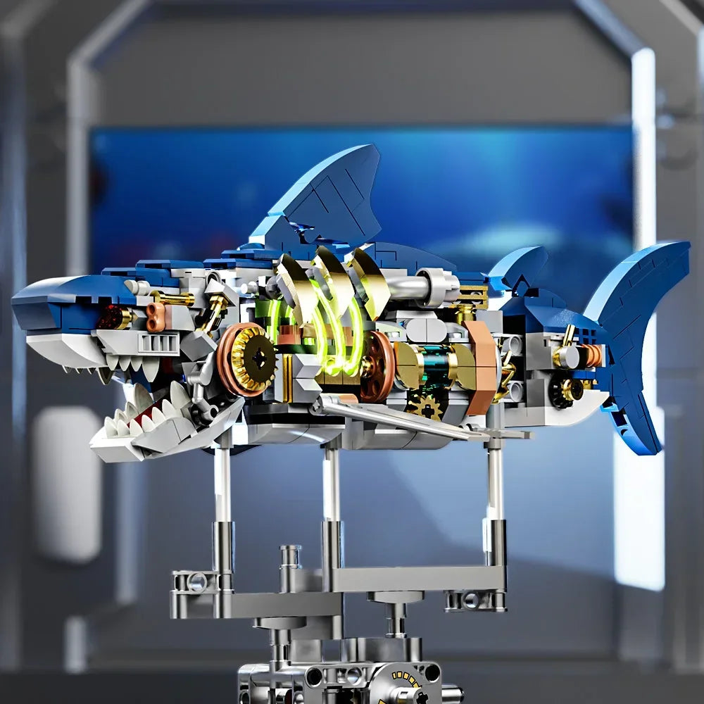 MOC Mechanical Shark Building Blocks Set - Stunning Sea Life Model with Display Stand and Lights - Perfect Gift for Kids and Adults!