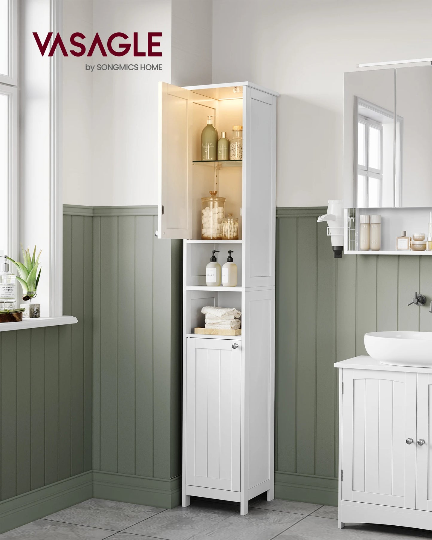 Tall Bathroom Cabinet with Lights, Freestanding Narrow Storage Unit with Adjustable Shelves, Open Compartments