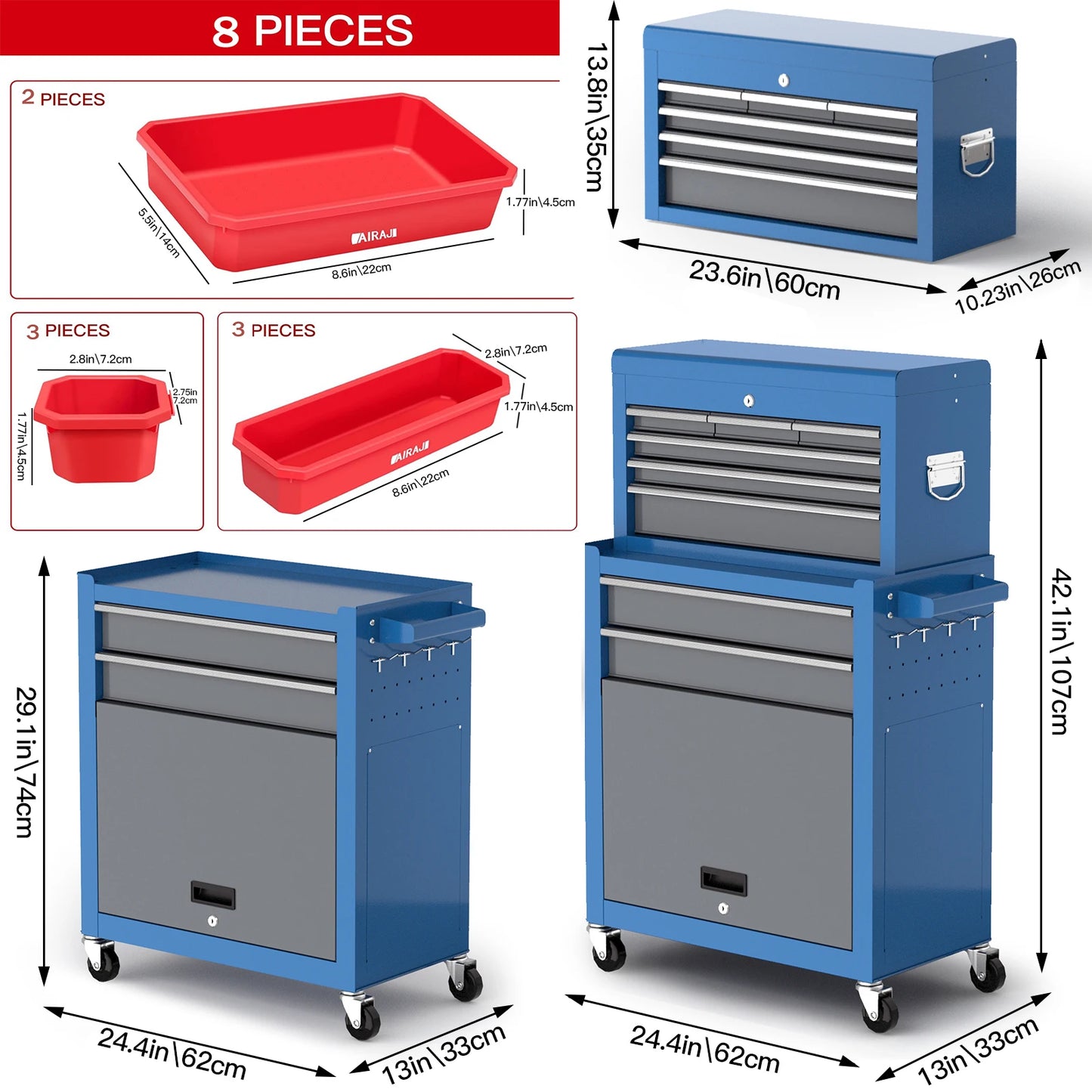 AIRAJ Large 8 Drawers Tool Chest,Rolling Tool Chest with Wheels,Heavy Duty Tool Storage Cabinet,With Tool Box Organizer
